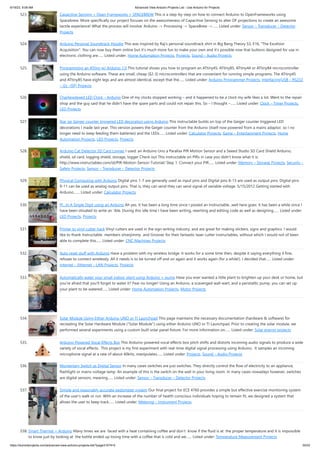 6/19/23, 9:08 AM Advanced View Arduino Projects List - Use Arduino for Projects
https://duino4projects.com/advanced-view-arduino-projects-list/?page31074=5 35/53
523. Capacitive Sensing + Open Frameworks + SPACEBREW This is a step-by-step on how to connect Arduino to OpenFrameworks using
Spacebrew. More specifically our project focuses on the awesomeness of Capacitive Sensing to alter OF projections to create an awesome
tactile experience! What the process will involve: Arduino -> Processing -> SpaceBrew ->…... Listed under: Sensor – Transducer – Detector
Projects
524. Arduino Personal Soundtrack Hoodie This was inspired by Raj's personal soundtrack shirt in Big Bang Theory S3, E16, "The Excelsior
Acquisition". You can now buy them online but it's much more fun to make your own and it's possible now that buttons designed for use in
electronic clothing are…... Listed under: Home Automation Projects, Projects, Sound – Audio Projects
525. Programming an ATtiny w/ Arduino 1.0 This tutorial shows you how to program an ATtiny45, ATtiny85, ATtiny44 or ATtiny84 microcontroller
using the Arduino software. These are small, cheap ($2-3) microcontrollers that are convenient for running simple programs. The ATtiny45
and ATtiny85 have eight legs and are almost identical, except that the…... Listed under: Arduino Programmer Projects, Interfacing(USB – RS232
– I2c -ISP) Projects
526. Charliexplexed LED Clock – Arduino One of my clocks stopped working – and it happened to be a clock my wife likes a lot. Went to the repair
shop and the guy said that he didn’t have the spare parts and could not repair this. So – I thought –…... Listed under: Clock – Timer Projects,
LED Projects
527. Star Jar Geiger counter triggered LED decoration using Arduino This instructable builds on top of the Geiger counter triggered LED
decorations I made last year. This version powers the Geiger counter from the Arduino (itself now powered from a mains adaptor, so I no
longer need to keep feeding them batteries) and the LEDs…... Listed under: Calculator Projects, Game – Entertainment Projects, Home
Automation Projects, LED Projects, Projects
528. Arduino Cat Detector SD Card Logger I used: an Arduino Uno a Parallax PIR Motion Sensor and a Seeed Studio SD Card Shield Arduino,
shield, sd card, logging shield, storage, logger Check out This instructable on PIRs in case you didn't know what it is:
http://www.instructables.com/id/PIR-Motion-Sensor-Tutorial/ Step 1: Connect your PIR…... Listed under: Memory – Storage Projects, Security –
Safety Projects, Sensor – Transducer – Detector Projects
529. Physical Computing with Arduino Digital pins 1-7 are generally used as input pins and Digital pins 8-13 are used as output pins. Digital pins
9-11 can be used as analog output pins. That is, they can send they can send signal of variable voltage. 5/15/2012 Getting started with
Arduino.…... Listed under: Calculator Projects
530. Pi…In A Single Digit using an Arduino Ah yes. It has been a long time since I posted an Instructable...well here goes: It has been a while since I
have been otivated to write an 'ible. During this idle time I have been writing, rewriting and editing code as well as designing…... Listed under:
LED Projects, Projects
531. Printer to vinyl cutter hack Vinyl cutters are used in the sign writing industry, and are great for making stickers, signs and graphics. I would
like to thank Instructable members silverjimmy and Groover for their fantastic laser cutter instructables, without which I would not of been
able to complete this…... Listed under: CNC Machines Projects
532. Auto reset stuff with Arduino Have a problem with my wireless bridge. It works for a some time then, despite it saying everything it fine,
refuses to connect wirelessly. All it needs is to be turned off and on again and it works again (for a while!). I decided that…... Listed under:
Internet – Ethernet – LAN Projects, Projects
533. Automatically water your small indoor plant using Arduino + pump Have you ever wanted a little plant to brighten up your desk or home, but
you're afraid that you'll forget to water it? Fear no longer! Using an Arduino, a scavenged wall-wart, and a peristaltic pump, you can set up
your plant to be watered…... Listed under: Home Automation Projects, Motor Projects
534. Solar Module Using Either Arduino UNO or TI Launchpad This page maintains the necessary documentation (hardware & software) for
recreating the Solar Hardware Module ("Solar Module") using either Arduino UNO or TI Launchpad. Prior to creating the solar module, we
performed several experiments using a custom built solar panel fixture. For more information on…... Listed under: Solar energy projects
535. Arduino-Powered Vocal Effects Box This Arduino-powered vocal effects box pitch shifts and distorts incoming audio signals to produce a wide
variety of vocal effects. This project is my first experiment with real-time digital signal processing using Arduino. It samples an incoming
microphone signal at a rate of about 40kHz, manipulates…... Listed under: Projects, Sound – Audio Projects
536. Momentary Switch as Digital Sensor In many cases switches are just switches. They directly control the flow of electricity to an appliance,
flashlight or mains-voltage lamp. An example of this is the switch on the wall in your living room. In many cases nowadays however, switches
are digital sensors, meaning…... Listed under: Sensor – Transducer – Detector Projects
537. Simple and reasonably accurate pedometer system Our final project for ECE 4760 provides a simple but effective exercise monitoring system
of the user's walk or run. With an increase of the number of health conscious individuals hoping to remain fit, we designed a system that
allows the user to keep track…... Listed under: Metering – Instrument Projects
538. Smart Thermal + Arduino Many times we are faced with a heat containing coffee and don't know if the fluid is at the proper temperature and it is impossible
to know just by looking at the bottle ended up losing time with a coffee that is cold and we…... Listed under: Temperature Measurement Projects
 