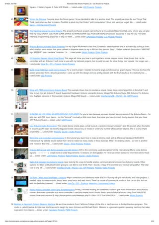 6/19/23, 9:07 AM Advanced View Arduino Projects List - Use Arduino for Projects
https://duino4projects.com/advanced-view-arduino-projects-list/?page31074=5 4/53
Square. 2. Battery-Square 3. Color LCD Shield.…... Listed under: LCD Projects, Projects
45. Simon the Octopus Everyone loves the Simon game ! So we decided to take it to another level. This project was done for our Things That
Think class where we had to make a PlushBot (a plush toy that thinks! "with computation") thus, kids were our target. We…... Listed under:
Game – Entertainment Projects
46. The Traveling Geocache using Arduino This project and future projects can be found at my website http://revoltlab.com/ where you can also
find my blog. UPDATE LOG: NOW SUPER SIMPLE TO REPROGRAM! Easy FTDI USB interface hardware explained in step 10 Easy FTDI USB
interface programming explained in step 13 NEW…... Listed under: GPS Based Projects, LCD Projects, Projects
47. Arduino Button Activated Treat Dispenser For my Digital Multimedia class final, I created a treat dispenser that is activated by pulling a chain,
which starts a servo motor that spins a wheel to dispense treats to my to African Grey parrots. Step 1: Gather Materials [box color="#985D00"
bg="#FFF8CB" font="verdana" fontsize="14…... Listed under: Motor Projects, Other Projects
48. DIY Arduino Stepper Motor Driver Board This page will show you how to put together a simple stepper motor driver board that can be
controlled with an Arduino. I built mine to use with my heliostat projects, but it could be used for other things too. Update: I no longer use…...
Listed under: How To – DIY – Projects, Motor Projects
49. Build A Giant LED bar graph Using Arduino For a recent project I needed to build a large and obvious bar graph display. This was to show the
power generated from a bicycle generator. I came up with this design and was pretty pleased with the final results as it is relatively low…...
Listed under: LED Projects
50. Drive with PID Control Using Arduino Board This example shows how to simulate a simple closed-loop control algorithm in Simulink® and
how to run it on an Arduino® board. Supported Hardware: Arduino Leonardo Arduino Mega 2560 Arduino Mega ADK Arduino Pro Arduino
Uno Available versions of this example: Arduino Mega 2560 board:…... Listed under: Interfacing(USB – RS232 – I2c -ISP) Projects
51. BLINKING AN LED USING AN ARDUINO UNO (EXPLAINED) So you’re here because you want to start learning some of the Arduino Basics… So
let’s start with THE most basics… no this "tutorial" is actually a little more basic than what you have in mind. It only requires that you: Have
ANY Arduino Board.…... Listed under: LED Projects
52. Easy Arduino Audio Annoyatron This simple device simple plays a small tune at a random interval, between 5 and 30 seconds when the lights
in a room go off. It can be cleverly disguised inside a tissue box, or inside or under any number of household objects. This is a vary simple
project (my…... Listed under: Projects, Sound – Audio Projects
53. Blinky the one-eyed clock using Arduino In this tutorial you learn how to make a blinking clock with a difference! Updated 18/03/2013
Followers of my website would realise that I tend to make too many clocks in those tutorials. Well, I like making clocks… so here is another
one. However this time…... Listed under: Clock – Timer Projects, Projects
54. Arduino SOS signal with 8ohms speaker and LED blinking SOS is the commonly used description for the international Morse code distress
signal (· · · — — — · · ·). [read more on wiki] Requirements: 1) Arduino 2*) 8 Ω speaker 3*) 150 Ω or similar resistor 4) 5mm RED LED 5) Hook-
up…... Listed under: LED Projects, Projects, Radio Projects, Sound – Audio Projects
55. Radio link between two Arduino boards I was looking for a way to handle wireless communications between two Arduino boards. Other
options like Xbee or Bluetooth were going to cost $50 to over $100. Then I found a cheap RF transmitter and receiver at Sparkfun. The total
cost is only $9!…... Listed under: Interfacing(USB – RS232 – I2c -ISP) Projects, Projects, Radio Projects
56. DIY Amp / Watt Hour Volt Meter – Arduino Major corrections and additions made 9/9/2014 For my off-grid Ham Radio and Solar projects, I
needed a way to measure volts, amps, watts, amp hours and watt hours. There's a couple of commercial products that can do this, but not
with the flexibility I wanted.…... Listed under: How To – DIY – Projects, Metering – Instrument Projects
57. Pololu Motor Controller Testing and Troubleshooting Finally, I finished reading the datasheet. It didn’t give much information about how to
connect the motor controller to a micro-controller. I used the simple circuit I found from a post in Pololu’s forum: Using Dual VNH3SP30
Motor Driver with arduino @ http://forum.pololu.com/viewtopic.php?f=15&t=1923. Dual VNH2SP30…... Listed under: Motor Projects
58. Webster: A Geometric Pattern Weaving Machine We are three students from California College of the Arts in San Francisco in the Architecture program. This
studio is called Creative Architecture Machines and is taught by Jason Johnson and Michael Shiloh. Webster is a geometric pattern weaving machine that takes
inspiration from Islamic…... Listed under: Calculator Projects, PWM Projects
 