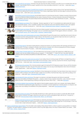 6/19/23, 9:08 AM Advanced View Arduino Projects List - Use Arduino for Projects
https://duino4projects.com/advanced-view-arduino-projects-list/?page31074=5 42/53
626. How to hack EEG toys with arduino i had heard a few years back about the ability of hooking up toy EEGs so you can interface them with your
computer. I was reminded of this for a project i wanted to do for a class (instructable coming soon ;-)), and i also…... Listed under: Game –
Entertainment Projects
627. Building a Portal Turret with motion controlled audio and lighting In this Instructable I'm going to show you how I went about building my
very own life size talking Portal Turret from start to finish. This is a fairly in depth project that will cover every stage of construction and all the
techniques I used…... Listed under: Sound – Audio Projects
628. Pan/Tilt Motion System for Control Education Pan/Tilt Motion System for Control Education Ricardo G. Sanfelice, University of Arizona Project
supported by Mathworks Website developed by Colin Lasharr, University of Arizona Contents Introduction Instructions for Building the
System Installation Instructions The Arduino Board Simulink Initial Parameter Identification System Identification for Zenith…... Listed under:
Arduino Programmer Projects
629. Hack the Nabaztag using Arduino This is a Nabaztag - Armenian, apparently, for "hare". It's an adorable bunny rabbit packed with sensors
and communication devices.... and it's completely unusable. There's people who wrote some interesting software to hack it, and I applaud
them: however, I could never actually get my…... Listed under: Game – Entertainment Projects, Robotics – Automation Projects
630. DIY Parking Sonsor using Arduino The last time I was home visiting my parents I noticed bumper imprints caused by my mother suburban on
the stairs leading up from the garage. Their garage it turns out is just barely long enough to fit their gigantic vehicles. So I decided it…... Listed
under: Car Projects, How To – DIY – Projects, Sensor – Transducer – Detector Projects
631. Using Mozzi Library with 5 potentiometers using arduino Getting Started The goal of this project was to create filters and controls to that can
manipulate sound that is being generated through an Arduino. Normally Arduino can only generate simple tones that are not useful if you
are trying to achieve complex sounds and…... Listed under: Metering – Instrument Projects
632. Arduino Quilting Machine The Arduino Quilting Machine combines the mechanics of a sewing machine, CNC technology and Arduino as an
operating system. The project is designed to translate a vector file from a computer into G-code and subsequently into Arduino language
which then moves the machine. The project…... Listed under: CNC Machines Projects
633. Diy Xbox wireless controller adapter for Pc This instructable will go over the steps to connect a RF module from an RROD xbox to your
computer so you can use a wireless controller with your computer. ******DISCLAIMER******* DONT TRY THIS IF YOU DONT HAVE ANY
EXPERIENCE WITH ELECTRONICS/SOLDERING OR COMPUTERS IM NOT…... Listed under: How To – DIY – Projects, Internet – Ethernet – LAN
Projects
634. Make a digital “meow” from analog clock using arduino Is your analog clock just not doing enough stuff? Want to do digital things with an
analog clock? This tutorial will show you how to make a Kit Cat Clock play a “meow” sound clip, at precise time intervals, using the Atmega
328P-PU via the…... Listed under: Clock – Timer Projects, Home Automation Projects
635. DIY Telepresence Documentation This is the documentation page for the Spring 2012 DIY Telepresence project. Here you will find schematics,
software, and guides for the robot. The goal of the project was to design a low-cost, easy to build telepresence robot. Some of the features
include: Segway based…... Listed under: Robotics – Automation Projects
636. Total Recall- Arduino Simon Says on steroids Total Recall is a Simon based game for the Arduino. Your basic Arduino Simon Game consists of
4 buttons, 4 LEDs, an Arduino, some code and maybe a speaker and sound effects. Total Recall takes things a step further by adding an LCD
display and…... Listed under: Game – Entertainment Projects, Projects
637. Voice Activated LED Lighting with Arduino This project is an extension to the Speech Recognition with Arduino by leandro4b
(http://www.instructables.com/id/Speech-Recognition…). However, instead of using 3 separate colored LEDs, I used a multicolor 4-channel
RGBW LED Emitter. I had the opportunity of working at LED Engin last summer, which is why I…... Listed under: LED Projects
638. The Wondrous Weather Cube Using Arduino We created an Internet-enabled companion cube for your computer, which displays different
kinds of information by glowing red or green. Depending on its orientation, and which labeled face is oriented upwards, our companion cube
displays either stock readings of the NASDAQ or the outside temperature…... Listed under: Home Automation Projects
639. Laser Pointer Switch using arduino This instructable will detail how to make a switch that uses an arduino to sample light. When the light
sample reaches a threshold it will trigger a relay that can be used to turn on/off a small appliance (light, radio, fan, etc...) The parts for…...
Listed under: Home Automation Projects, Interfacing(USB – RS232 – I2c -ISP) Projects
640. FabECG: a simple electrocardiogram board Technologies for rudimentary physiological sensing are getting cheaper and easier to implement.
Consider, for instance, these non-contact sensors from UCSD which can be used to take an EEG through hair or an ECG through a T-shirt! One
can even make a simple oscilloscope to digitize,…... Listed under: Medical – Health based Projects
641. Arduino controlled Rotary Stewart Platform This instructable is about building a Rotary Stewart Platform. It allows to position its moving platform in six degrees
of freedom. This specific platform is designed to be able to position a DSLR or any other digital camera. This version of Stewart Platform uses instead…... Listed
under: Video – Camera – Imaging Projects
 