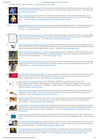 6/19/23, 9:07 AM Advanced View Arduino Projects List - Use Arduino for Projects
https://duino4projects.com/advanced-view-arduino-projects-list/?page31074=5 7/53
Arduino IDE. Before you plug in your LeoStick…... Listed under: How To – DIY – Projects
91. Make A Wall Lamp Using Arduino Nano So, I have always wanted a nice lamp by the side of my bed, Something simple with out any buttons.
Of course this would mean it had to be wireless. I also wanted to use it from my bed but not getting out of my bed to…... Listed under: Home
Automation Projects, LED Projects
92. Sensor Less 3d Printed Robot Tyree (he wears a tie and he has tires) actually smiles after he bumps into something (see video). Using an
Arduino motor shield, he detects obstacles using the "more current into the motor means something is in the way" principle. Tyree started
out as a…... Listed under: Robotics – Automation Projects, Sensor – Transducer – Detector Projects
93. Building an 8x8x8 LED Cube – The Driving Circuit In this article we are going to take a detailed look at how to build the driving circuit for the
8x8x8 LED cube. In other words we are going to design and analyze the circuit which translates the signals coming from the Arduino to
appropriate…... Listed under: LED Projects
94. ArduSensor Fun Pack Plug-In-Play Sensors For Arduino ArduSensors are open source plug-in-play sensors for Arduino. These were originally
made for beginners to get started with Arduino, a very cool electronics prototyping platform, but anyone can use them. I still play around
with them all of the time, and I bet a ton…... Listed under: Sensor – Transducer – Detector Projects
95. TiDiGino, the Arduino-based GSM remote control Using an ATmega 2560 and therefore the heart of Arduino, we have developed a universal
remote control with GSM. This allows to control 2IN/2OUT, DTMF key, gate control and GSM thermostat activated remotely. We have already
presented several remote control with different functions. But now…... Listed under: Phone Projects, Radio Projects
96. UltraSonic Arduino Video instructions How To – Parking your car with an Arduino How To - Parking your car with an Arduino Code: // Back up
Helper, by Kevin Darrah v4 #include <SoftwareSerial.h>// to read the data fron the range finder on any digital pin SoftwareSerial sonar(5, 6);
// RX, TX //we're only using the RX pin (5),…... Listed under: Car Projects, Projects
97. Hack Your Hasbro R2D2 With an IOIO Microcontroller My wife bought me a Hasbro Interactive R2D2 Astromech Droid for my birthday a few
years ago after I said how much fun it would be to hack it and I've finally managed to get inside and start playing!Although the built-in voice
control functions are…... Listed under: Robotics – Automation Projects
98. Clock One – Digital plus Analog Clock An Arduino For some strange reason I have a fascination with various types of electronic clocks (which
explains this article). Therefore this project will be the start of an irregular series of clock projects whose goal will be easy to follow and
produce interesting results. Our “Clock…... Listed under: Clock – Timer Projects, Projects
99. Ardu-Bot-Tom – RF Link Controlled Robot [box color="#985D00" bg="#FFF8CB" font="verdana" fontsize="14 " radius="20 "
border="#985D12" float="right" head="Major Components in Project" headbg="#FFEB70" headcolor="#985D00"] Ardu-Bot-Tom List of
Materials Controller Parts: 1x - Arduino Uno 1x - 9V Battery 1x - 433Mhz TX Module 1x - SparkFun Joystick Robot Parts: 1x - Arduino Uno…...
Listed under: Robotics – Automation Projects
100. Multiplexing with Arduino and the 74HC595 The 74HC595 is an easy and inexpensive (at about 60 cents apiece) way to increase the number
of digital out pins on your Arduino. In this tutorial I'll show you how to drive up to 16 LEDs with one 74HC595 using a technique called
multiplexing.…... Listed under: Interfacing(USB – RS232 – I2c -ISP) Projects
101. Arduino punk console This is my first build using an arduino microcontroller. I wanted to create a simple tone output device along the lines of
the 555-basedatari punk console, but using solely the mcu as the tone generator. Unfortunately, that was just too simple a task with a
microcontroller to…... Listed under: Projects, Sound – Audio Projects
102. Perfduino: Build Your Own Arduino Microcontroller This how-to takes you through all the steps of making your own arduino on a perfboard
or perfduino! Arduino microcontrollers are great for learning about physical computing and are very useful for rapid prototyping. Arduino’s
simple programming language makes it a favorite of hobbyists and…... Listed under: Development Board – Kits Projects, How To – DIY –
Projects, Projects
103. Arduino LED Flasher Circuit In this project, we will go over how to build an arduino LED flasher circuit. We will use a standard arduino board,
doesn't matter which, and connect it so that it flashes an LED a certain amounts of times on and off repeatedly to create…... Listed under: LED
Projects
104. Touche for Arduino: Advanced touch sensing Update: New interface - look at the last step. Credits: Arduino sensing done by DZL, Processing
sketch and Instructable done by Mads Hobye. Disney Research lab designed a novel way to detect touch. You can see a video of their demo
here: I had the honor to meet…... Listed under: Sensor – Transducer – Detector Projects
105. Clock Three – A pillow clock using Arduino Time for another instalment in my irregular series of irregular clock projects. In contrast with the
minimalism of Clock Two, in this article we describe how to build a different type of clock – using the “lilypad” style of Arduino-compatible
board and components designed for use in e-textiles…... Listed under: Clock – Timer Projects, Home Automation Projects, Projects
 