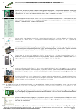 8/19/2019 Advanced View of Atmega Microcontroller Projects List - ATMega32 AVR
https://atmega32-avr.com/advanced-view-atmega-microcontroller-projects-list/ 13/130
project, microcontroller projects, programmer circuit, "…... Listed under: Interfacing(USB - RS232 - I2c -ISP) Projects
152. ATMEGA48 TIMER TRIGGERED BY CURRENT FLOW ASM-010 ATMEGA48 Many devices may be in standby mode during downtime. They do not pe
they are apparently disabled, but the control circuits are powered. To extract useful information from the point of...Electronics Projects, ATMEGA4
triggered by current ﬂow ASM-010 "avr project, microcontroller projects, power…... Listed under: Clock Projects
153. Ultrasonic Radar Model Using Microcontroller ATmega128 The circuit described here demonstrates the working of a radar system. It uses ultraso
detect an object and measure its distance and angular position, and displays the same on a 20x4 LCD screen. -- Ashutosh M. Bhatt is an M. Tech
embedded…... Listed under: Sensor - Transducer - Detector Projects
154. Digital Soil Moisture Meter A digital soil moisture meter is used for indicating the water content of a given soil sample. As crop production requir
different stages and in different amounts, it is important to measure soil moisture from time to time to know its status. The…... Listed under: Me
Instrument Projects
155. NIXIE TUBE THERMOMETER CIRCUIT Nixie lamp Thermometer DS18B20 Circuit with ATtiny2313 The ﬁrst Nixie lamps appeared in the mid-twenti
many years they have been used in a variety of apparatuses but have been supplanted by newer... Electronics Projects, Nixie Tube Thermometer
project, microcontroller projects, " Nixie lamp Thermometer DS18B20 Circuit…... Listed under: Metering - Instrument Projects
156. ATMEGA8 FT232R USB ESR METER CIRCUIT USB ESR Meter Circuit The main part of the meter is a ATmega8 microcontroller that controls the enti
main the task is to process measured data and perform calculations so that the... Electronics Projects, ATmega8 FT232R USB ESR Meter Circuit "a
projects, avr project, microcontroller projects, "…... Listed under: Interfacing(USB - RS232 - I2c -ISP) Projects
157. ATMEL ARDUINO COLORED CONNECTION CHART Projects or schematics, drawings that will work when preparing pcb Atmel AVR Microprocessor
Tags for “Share” drawings directly on Atmel microcontrollers. Colored linking expansions are more comprehensible for those dealing with Atmel
Series... Electronics Projects, Atmel Arduino Colored Connection Chart "arduino projects, " Projects or schematics, drawings that…... Listed under
158. AUTOMATIC FEEDING MACHINE WITH CD-ROM MECHANIC For the author, the automatic feeding machine for the wedge is the easiest mechanic
application. they insert a plastic container all of which is placed on the CD present on the... Electronics Projects, Automatic Feeding Machine With
Mechanic "avr project, microcontroller projects, " For the…... Listed under: Phone Projects
159. Avr Atmega8 Microcontroller – An Introduction In my previous article, I’ve discussed about ATmega32. Now, let me introduce another member of AVR microcontroller
ATmega8. This member has many features similar to that of ATmega32. But it has reduced number of features and capabilities, yet it has enough features to…... Liste
ATmega Projects
160. Handling the Digital Input Output in AVR Micro Controllers I have already discussed about a few chapters necessary to get into AVR programming
the ﬁrst article that deals with programming.  Let us start with the basics. Digital input output (I/O) is the basic feature supported by  AVR micro c
facilitate…... Listed under: LED Projects
161. Standard Library & String Formatting for AVR Here in this article, I am planning to brief you through the Standard library of AVR-GCC. By the term
Library” we mean the “Standard header” ﬁles like “stdio.h”, we commonly see in C programming language. Have you ever used String Formatting
Listed under: AVR ATmega Projects
162. Frequency counter circuit Simple Frequency Counter You may have already seen various projects over many websites named Frequency counter, Digital Frequency Coun
posting just another of them. Showing the use of timer/counter of AVR micro controller (Atmega8) in one of it’s form. This circuit can be…... Listed under: LCD Projects
 