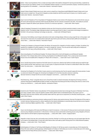 201. Rpibot – About Learning Robotics
This is a simple and cheap mobile robot platform designed for learning and extending. I explained my
concept and also my problems I solved. I am an embedded software engineer in a German automotive company. I started this project as a
learning platform for embedded…... Listed under: Robotics - Automation Projects
202. Simple Pi Robot
Simple Pi Robot aims to put robot control in simple form. https://youtu.be/kCIXRbidC90 Simple Pi Robot aims to put
robot control in simple form. The part list (1) Raspberry pi (Any model) but with the recent launch of pizero or pi 2 shall be a good…...
Listed under: Robotics - Automation Projects
203. Smart Control of Raspberry Pi Fan Using Python & ThingSpeak
A Python script monitors CPU temperature and controls the fan using on-
off control with temperature hysteresis. Brief overview By default, the fan is directly connected to the GPIO - this implies its constant
operation. Despite the relative quiet operation of the fan, its continuous operation…... Listed under: Other Projects
204. Collars & Gateways
A framework to track elephant activity over short & long term and alert potential incidents in areas of human-
elephant conflict. The elephant edge challenge provides an exciting opportunity for ideas in conservation technology to be applied on
the field. In this particular challenge, technology can play dual…... Listed under: GPS Based Projects
205. Autonomous Tank
Adding a much cheaper alternative to the Carter and Kaya designs reference using a Lego EV3 set. In this project, I will
document the construction of a tracked vehicle made with Lego Technic parts and motors, enhanced with LiDAR and controlled by a
Jetson Nano…... Listed under: Robotics - Automation Projects
206. Changing Your Raspberry pi Password
Problem: By default, the password for a Raspberry Pi will be raspberry. Problem:  By default, the
password for a Raspberry Pi will be raspberry. You want to change this.  Solution:  You can use the raspi-config tool to change your
password. Run the raspi_config utility by issuing…... Listed under: Other Projects
207. Alexa Using Raspberry Pi and Bluetooth Speaker
This Amazon Alexa which is built with Raspberry pi and Bluetooth Speaker.
Description: This is Amazon Alexa which is built by using Raspberry Pi and Bluetooth Speaker. This is a step by step tutorial to build
Amazon Voice Service(AVS) SDK on Raspberry Pi. Please refer to Amazon's…... Listed under: Sound - Audio Projects
208. Sonos / Spotify Vinyl Emulator
Experience the tactile nature of a vinyl music collection (but without actually owning any vinyl) through
Sonos, Spotify and NFC tags Listening to music on vinyl is great. It's physical and tactile. You listen to a whole album rather than random
tracks. You notice when…... Listed under: Other Projects
209. Streaming From Raspberry Pi to YouTube
It means camera is on and streaming only if you've opened a page with stream preview. It saves
to camera and reduces CPU usage a lot. Streaming from Raspberry Pi to YouTube only when someone is watching
(because Hackster.io change how the sourcecode is displayed I recommend…... Listed under: Other Projects
210. Mind Patterning – Phase 1
Using EEG data to train a TensorFlow model on relaxed mind-states; the beginning of moving a mind to a
machine! https://youtu.be/8UEDLBNcrpA What and Why I’ve always been fascinating by the idea of moving ones mind to a robot to live
forever as a machine so…... Listed under: Robotics - Automation Projects
211. Hands-On-Lab IoT Weather Station Using Windows 10
This example demonstrates how to leverage the power of Windows 10 IoT Core,
and create a weather station using the Sparkfun weather shield. //build: Hands-on-lab WeatherStation This project is part of
Microsoft’s Hack the Home initiative, which provides makers with free, open-source components for effortless interfacing with…... Listed
under: Other Projects
212. Autonomous Marketplace Device
Building an autonomous decision making process for devices using machine learning. Overview The objective of this project is
to build a decision making process for a device registered to the Industry Marketplace to automatically choose the best service requests
based on matching eCl@ass capabilities. What…... Listed under: Other Projects
213. How to Use the Raspberry Pi4 Camera And PIR Sensor to Send E
Introduction : In this tutorial, I'll show you how to send emails containing
pictures using a Raspberry Introduction : In this tutorial , I'll show you how to send emails containing pictures using a Raspberry Pi4 and a 
motion detector and the Python programming language.…... Listed under: Video - Camera - Imaging Projects
214. MagicMirror Alarm Clock
Yes, this is yet another alarm clock! But I feel like I'm not the only one deisiring a nice and simple object like this
one to keep on the bedside table. It comes with useful features like a soft wake up (with chirping birds from a little bluetooth speaker),
changing…... Listed under: Clock - Timer Projects
215. Sixfab Raspberry Pi Cellular IoT HAT Setup
Sixfab Raspberry Pi Cellular IoT HAT lets you send or receive data over LTE-M networks the
Telnyx SIM covers without needing gateways. Sixfab Raspberry Pi Cellular IoT HAT allows you to send or receive data over LTE-M cellular
networks that the Telnyx SIM has access to without…... Listed under: Other Projects 
 