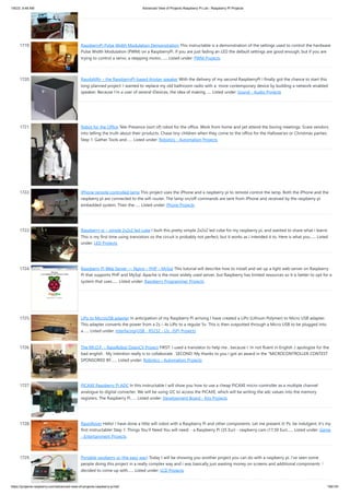 1/6/23, 9:48 AM Advanced View of Projects Raspberry Pi List - Raspberry PI Projects
https://projects-raspberry.com/advanced-view-of-projects-raspberry-pi-list/ 156/181
1719. RaspberryPi Pulse Width Modulation Demonstration This instructable is a demonstration of the settings used to control the hardware
Pulse Width Modulation (PWM) on a RaspberryPi. If you are just fading an LED the default settings are good enough, but if you are
trying to control a servo, a stepping motor,…... Listed under: PWM Projects
1720. RaspbAIRy – the RaspberryPi-based Airplay speaker With the delivery of my second RaspberryPi I finally got the chance to start this
long-planned project: I wanted to replace my old bathroom radio with a more contemporary device by building a network-enabled
speaker. Because I'm a user of several iDevices, the idea of making…... Listed under: Sound - Audio Projects
1721. Robot for the Office Tele-Presence (sort of) robot for the office. Work from home and yet attend the boring meetings. Scare vendors
into telling the truth about their products. Chase tiny children when they come to the office for the Hallowe'en or Christmas parties.
Step 1: Gather Tools and…... Listed under: Robotics - Automation Projects
1722. IPhone remote controlled lamp This project uses the iPhone and a raspberry pi to remote control the lamp. Both the iPhone and the
raspberry pi are connected to the wifi router. The lamp on/off commands are sent from iPhone and received by the raspberry pi
embedded system. Then the…... Listed under: Phone Projects
1723. Raspberry pi – simple 2x2x2 led cube I built this pretty simple 2x2x2 led cube for my raspberry pi, and wanted to share what i learnt.
This is my first time using transistors so the circuit is probably not perfect, but it works as i intended it to. Here is what you…... Listed
under: LED Projects
1724. Raspberry Pi Web Server — Nginx – PHP – MySql This tutorial will describe how to install and set up a light web server on Raspberry
Pi that supports PHP and MySql. Apache is the most widely used server, but Raspberry has limited resources so it is better to opt for a
system that uses…... Listed under: Raspberry Programmer Projects
1725. LiPo to MicroUSB adapter In anticipation of my Raspberry Pi arriving I have created a LiPo (Lithium Polymer) to Micro USB adapter.
This adapter converts the power from a 2s – 4s LiPo to a regular 5v. This is then outputted through a Micro USB to be plugged into
a…... Listed under: Interfacing(USB - RS232 - I2c -ISP) Projects
1726. The RR.O.P. – RaspRobot OpenCV Project FIRST: I used a translator to help me , because I 'm not fluent in English ,I apologize for the
bad english . My intention really is to collaborate . SECOND: My thanks to you I got an award in the "MICROCONTROLLER CONTEST
SPONSORED BY…... Listed under: Robotics - Automation Projects
1727. PICAXE Raspberry Pi ADC In this instructable I will show you how to use a cheap PICAXE micro-controller as a multiple channel
analogue to digital converter. We will be using I2C to access the PICAXE, which will be writing the adc values into the memory
registers. The Raspberry Pi…... Listed under: Development Board - Kits Projects
1728. RaspiRover Hello! I have done a little wifi robot with a Raspberry Pi and other components. Let me present it! Ps: be indulgent, it's my
first instructable! Step 1: Things You'll Need You will need: - a Raspberry Pi (35 Eur) - raspberry cam (17,50 Eur)…... Listed under: Game
- Entertainment Projects
1729. Portable raspberry pi (the easy way) Today I will be showing you another project you can do with a raspberry pi. i've seen some
people doing this project in a really complex way and i was basically just wasting money on screens and additional components, i
decided to come up with…... Listed under: LCD Projects
 