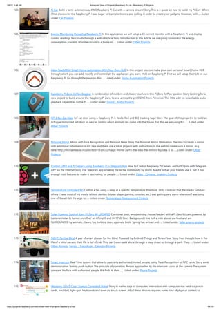 1/6/23, 9:48 AM Advanced View of Projects Raspberry Pi List - Raspberry PI Projects
https://projects-raspberry.com/advanced-view-of-projects-raspberry-pi-list/ 44/181
504. Pi Car Build a Semi-autonomous, 4WD Raspberry Pi Car with a camera stream! Story This is a guide on how to build my Pi Car! When
I first discovered the Raspberry Pi I was eager to learn electronics and coding in order to create cool gadgets. However, with…... Listed
under: Car Projects
505. Energy Monitoring through a Raspberry Pi In this application we will setup a CE current monitor with a Raspberry Pi and display
current readings for circuits through a web interface Story Introduction In this Article we are going to monitor the energy
consumption (current) of some circuits in a home or…... Listed under: Other Projects
506. Alexa NodeMCU Smart Home Automation With Your Own HUB In this project you can make your own personal Smart Home HUB
through which you can add, modify and control all the appliances you want. HUB on Raspberry Pi First we will setup the HUB on our
Raspberry Pi. Go through the steps on this…... Listed under: Home Automation Projects
507. Raspberry Pi Zero AirPlay Speaker A combination of modern and classic touches in this Pi Zero AirPlay speaker. Story Looking for a
new project to build around the Raspberry Pi Zero, I came across the pHAT DAC from Pimoroni. This little add-on board adds audio
playback capabilities to the Pi…... Listed under: Sound - Audio Projects
508. RPi 3 BLE Cat Door IoT cat door using a Raspberry Pi 3, Node-Red and BLE tracking tags! Story The goal of this project is to build an
IoT style motorized pet door so we can control which animals can come into the house. For this we are using BLE…... Listed under:
Other Projects
509. Personal Mirror Mirror with Face Recognition and Personal News Story The Personal Mirror Motivation The idea to create a mirror
with additional Information is not new and there are a lot of projects with instructions in the web to create such a mirror. (e.g.
here: http://michaelteeuw.nl/post/80391333672/magic-mirror-part-i-the-idea-the-mirror) My idea is to…... Listed under: Other
Projects
510. Control GPIO and Pi Camera using Raspberry Pi + Telegram App How to Control Raspberry Pi Camera and GPIO pins with Telegram
APP via the Internet Story The Telegram app is taking the techie community by storm. Maybe not all your friends use it, but it has
enough cool features to make it fascinating for people…... Listed under: Video - Camera - Imaging Projects
511. Temperature controlled fan Control a fan using a relay at a specific temperature threshold. Story I noticed that the media furniture
where I have most of my media related devices (bluray-player,gaming consoles, etc.) was getting very warm whenever I was using
one of these.I felt the urge to…... Listed under: Temperature Measurement Projects
512. Solar-Powered Squirrel Kam (Pi Zero W) UPDATED Combines basic woodworking (house/feeder) with a Pi Zero W/cam powered by
batteries/solar & turned on/off w/ an ATtiny85 and BH1750. Story Background I live half a mile above sea level and am
SURROUNDED by animals... bears, fox, turkeys, deer, squirrels, birds. Spring has arrived and…... Listed under: Solar energy projects
513. SIGHT: For the Blind A pair of smart glasses for the blind. Powered by Android Things and TensorFlow. Story Ever thought how is the
life of a blind person, their life is full of risk. They can't even walk alone through a busy street or through a park. They…... Listed under:
Other Projects, Sensor - Transducer - Detector Projects
514. Smart Intercom Real-Time system that allow to pass only authorized/invited people, using Face-Recognition or NFC cards. Story work
demonstration Testing push-button The principle of operation: Person approaches to the intercom Looks at the camera The system
compare his face with authorized people If it finds it, then…... Listed under: Phone Projects
515. Windows 10 IoT Core : Speech Controlled Robot Story In earlier days of computer, interaction with computer was held via punch-
cards, trackball, light-gun, keyboards and even via touch screen. All of these devices requires some kind of physical contact to
 