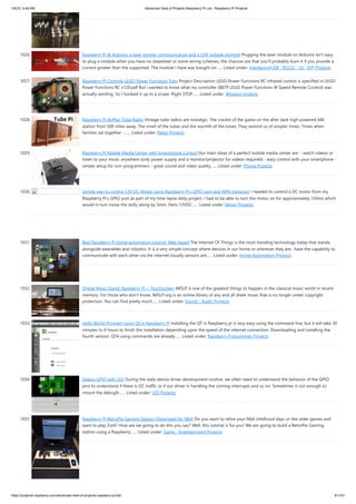 1/6/23, 9:48 AM Advanced View of Projects Raspberry Pi List - Raspberry PI Projects
https://projects-raspberry.com/advanced-view-of-projects-raspberry-pi-list/ 91/181
1026. Raspberry Pi & Arduino: a laser pointer communication and a LDR voltage sigmoid Plugging the laser module on Arduino Isn’t easy
to plug a module when you have no datasheet or some wiring schemes, the chances are that you’ll probably burn it if you provide a
current greater than the supported. The module I have was bought on…... Listed under: Interfacing(USB - RS232 - I2c -ISP) Projects
1027. Raspberry Pi Controls LEGO Power Functions Train Project Description LEGO Power Functions RC infrared control is specified in LEGO
Power Functions RC v120.pdf But I wanted to know what my controller (8879 LEGO Power Functions IR Speed Remote Control) was
actually sending. So I hooked it up to a scope. Right STOP…... Listed under: Wireless projects
1028. Raspberry Pi AirPlay Tube Radio Vintage tube radios are nostalgic. The crackle of the game on the after dark high powered AM
station from 500 miles away. The smell of the tubes and the warmth of the tones. They remind us of simpler times. Times when
families sat together -…... Listed under: Radio Projects
1029. Raspberry Pi Mobile Media Center with Smartphone Control Our main ideas of a perfect mobile media center are: - watch videos or
listen to your music anywhere (only power supply and a monitor/projector for videos required) - easy control with your smartphone -
simple setup for non-programmers - great sound and video quality…... Listed under: Phone Projects
1030. Simple way to control 12V DC Motor using Raspberry Pi’s GPIO port and NPN transistor I needed to control a DC motor from my
Raspberry Pi’s GPIO port as part of my time-lapse dolly project. I had to be able to turn the motor on for approximately 150ms which
would in turn move the dolly along by 3mm. Parts 12VDC…... Listed under: Motor Projects
1031. Best Raspberry Pi home automation tutorial: Web based The Internet Of Things is the most trending technology today that stands
alongside wearables and robotics. It is a very simple concept where devices in our home or wherever they are , have the capability to
communicate with each other via the internet.Usually sensors are…... Listed under: Home Automation Projects
1032. Digital Music Stand: Raspberry Pi + Touchscreen IMSLP is one of the greatest things to happen in the classical music world in recent
memory. For those who don't know, IMSLP.org is an online library of any and all sheet music that is no longer under copyright
protection. You can find pretty much…... Listed under: Sound - Audio Projects
1033. Hello World Program using Qt in Raspberry Pi Installing the QT in Raspberry pi is very easy using the command line, but it will take 30
minutes to 4 hours to finish the installation depending upon the speed of the internet connection. Downloading and installing the
fourth version, QT4 using commands are already…... Listed under: Raspberry Programmer Projects
1034. Debug GPIO with LED During the daily device driver development routine, we often need to understand the behavior of the GPIO
pins to understand if there is I2C traffic or if our driver is handling the coming interrupts and so on. Sometimes is not enough to
mount the debugfs…... Listed under: LED Projects
1035. Raspberry Pi RetroPie Gaming Station (Optimized for N64) Do you want to relive your N64 childhood days or like older games and
want to play Zork? How are we going to do this you say? Well, this tutorial is for you! We are going to build a RetroPie Gaming
station using a Raspberry…... Listed under: Game - Entertainment Projects
 