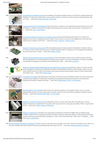 2/18/23, 9:56 AM Advanced View of Projects Raspberry Pi List - Raspberry PI Projects
https://projects-raspberry.com/advanced-view-of-projects-raspberry-pi-list/ 97/181
1088. Simple Raspberry Pi Shutdown Button Since the Raspberry Pi foundation decided to leave out an off button to safely shutdown the
Raspberry pi, I'll show you a simple method I came up with to build one, so there are no more excuses for yanking the power cable
out of your…... Listed under: Development Board - Kits Projects
1089. Intermission Sound Control with Raspberry Pi A few times a year I volunteer to an arts organization and serve as their “house sound
and light guy.” I usually run sound and do the lights for the traveling acts if they don’t have a tech with them. The auditorium is in
a…... Listed under: Sound - Audio Projects
1090. Analog Sensors Reading with Raspberry Pi and Zabbix Supervisor Analog Sensors Reading with Raspberry Pi as Interface The
Raspberry Pi has no built in analogue inputs which means it is a bit of a pain to use many of the available sensors. We need a A/D
interface easy to configure in the RPi and…... Listed under: Sensor - Transducer - Detector Projects
1091. Raspberry Pi Android App communication Hello everyone Because app's are being used almost everywhere, I decided to make my
own tutorial on how to make an app and connect to a MySQL database hosted on a raspberry pi. For exchanging the data between
the server and the client, I'm going…... Listed under: Raspberry Android
1092. Talking to the Formula AllCode robot using the Raspberry Pi The Formula AllCode robotics course is great for makers to test their
skills and capabilities or for introducing learners to programming and robotics in a fun and motivating way. The robot is compatible
with hardware from Raspberry Pi to Android to iPhone, Windows PC’s, MAC…... Listed under: Car Projects
1093. RasPI-Surv: a Raspberry-based scalable SMS remote controlled video surveillance system RasPI-Surv, based on: A system controller
based on Raspberry PI A practical (and modifications-friendly) command/telemetry interface via SMS messages, using the very well
known SIM-900 module from ITEAD. A set of wireless video cameras with good motion detection feature A internet router/modem
with wireless access…... Listed under: Wireless projects
1094. Arm/Disarm Using a Switch Project Description In this project I will show you how to arm/disarm an alarm zone using a tactile switch
connected to your Raspberry Pi. Software Edit the globals.py file by typing the following command at the command prompt:
Configure the arm/disarm variables as per figure…... Listed under: Interfacing(USB - RS232 - I2c -ISP) Projects
1095. Boot the Raspberry Pi from USB Hello world, time for me to gift some raspberry pi to the people. So here's my story, I recently
graduated high school and I've been working with the school's IT guy for my senior year. When I graduated, he decided to get me
the latest…... Listed under: Interfacing(USB - RS232 - I2c -ISP) Projects
1096. Raspberry Pi – Network Spy Energy Saver The subwoofer we had in our home cinema setup died a few weeks ago, so I did my
research and found a nice replacement. The only thing I didn't spot was the fact it never goes into standby if there's no signal (unlike
the old…... Listed under: Internet - Ethernet - LAN Projects
1097. Raspberry Pi Audio Player A minimalistic music player based on Raspberry Pi model B with HifiBerry DAC and ATXRaspi power
controller I made this with the help (also economical) of my father. Inspired by: http://www.hifiberry.com/forums/topic/small-media-...
and http://www.crazy-audio.com/2014/03/a-standalone-st... Here's my first instructable! Step 1: What I used 1. A Raspberry…... Listed
under: Sound - Audio Projects
1098. A 50 year-old Teletype Powered by a Raspberry Pi I’ve been a nerd for a very long time; As a teenager in the 1970’s I drove up to the Western Union office in my
hometown of Buffalo, New York and asked if they had any old teletypes they’d like to get rid of; The…... Listed under: Development Board - Kits Projects
 