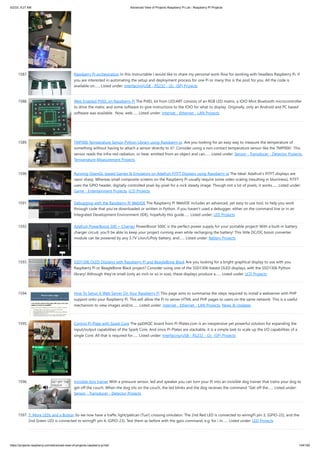 5/2/23, 9:27 AM Advanced View of Projects Raspberry Pi List - Raspberry PI Projects
https://projects-raspberry.com/advanced-view-of-projects-raspberry-pi-list/ 144/182
1587. Raspberry Pi orchestration In this Instructable I would like to share my personal work-flow for working with headless Raspberry Pi. If
you are interested in automating the setup and deployment process for one Pi or many this is the post for you. All the code is
available on…... Listed under: Interfacing(USB - RS232 - I2c -ISP) Projects
1588. Web Enabled PIXEL on Raspberry Pi The PIXEL kit from LED:ART consists of an RGB LED matrix, a IOIO Mint Bluetooth microcontroller
to drive the matix, and some software to give instructions to the IOIO for what to display. Originally, only an Android and PC based
software was available. Now, web…... Listed under: Internet - Ethernet - LAN Projects
1589. TMP006 Temperature Sensor Python Library using Raspberry pi, Are you looking for an easy way to measure the temperature of
something without having to attach a sensor directly to it? Consider using a non-contact temperature sensor like the TMP006! This
sensor reads the infra-red radiation, or heat, emitted from an object and can…... Listed under: Sensor - Transducer - Detector Projects,
Temperature Measurement Projects
1590. Running OpenGL-based Games & Emulators on Adafruit PiTFT Displays using Raspberry pi The Ideal: Adafruit’s PiTFT displays are
razor sharp. Whereas small composite screens on the Raspberry Pi usually require some video scaling (resulting in blurriness), PiTFT
uses the GPIO header, digitally controlled pixel-by-pixel for a rock steady image. Though not a lot of pixels, it works…... Listed under:
Game - Entertainment Projects, LCD Projects
1591. Debugging with the Raspberry Pi WebIDE The Raspberry Pi WebIDE includes an advanced, yet easy to use tool, to help you work
through code that you've downloaded or written in Python. If you haven't used a debugger, either on the command line or in an
Integrated Development Environment (IDE), hopefully this guide…... Listed under: LED Projects
1592. Adafruit PowerBoost 500 + Charger PowerBoost 500C is the perfect power supply for your portable project! With a built-in battery
charger circuit, you'll be able to keep your project running even while recharging the battery! This little DC/DC boost converter
module can be powered by any 3.7V LiIon/LiPoly battery, and…... Listed under: Battery Projects
1593. SSD1306 OLED Displays with Raspberry Pi and BeagleBone Black Are you looking for a bright graphical display to use with you
Raspberry Pi or BeagleBone Black project? Consider using one of the SSD1306-based OLED displays, with the SSD1306 Python
library! Although they're small (only an inch or so in size), these displays produce a…... Listed under: LCD Projects
1594. How To Setup A Web Server On Your Raspberry Pi This page aims to summarise the steps required to install a webserver with PHP
support onto your Raspberry Pi. This will allow the Pi to server HTML and PHP pages to users on the same network. This is a useful
mechanism to view images and/or…... Listed under: Internet - Ethernet - LAN Projects, News & Updates
1595. Control Pi-Plate with Spark Core The ppDAQC board from Pi-Plates.com is an inexpensive yet powerful solution for expanding the
input/output capabilities of the Spark Core. And since Pi-Plates are stackable, it is a simple task to scale up the I/O capabilities of a
single Core. All that is required for…... Listed under: Interfacing(USB - RS232 - I2c -ISP) Projects
1596. Invisible dog trainer With a pressure sensor, led and speaker you can turn your Pi into an invisible dog trainer that trains your dog to
get off the couch. When the dog sits on the couch, the led blinks and the dog receives the command “Get off the…... Listed under:
Sensor - Transducer - Detector Projects
1597. 3: More LEDs and a Button So we now have a traffic light/pelican (Tux!) crossing simulator. The 2nd Red LED is connected to wiringPi pin 3, (GPIO-22), and the
2nd Green LED is connected to wiringPi pin 4, (GPIO-23). Test them as before with the gpio command, e.g. for i in…... Listed under: LED Projects
 