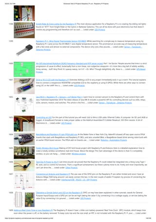5/2/23, 9:27 AM Advanced View of Projects Raspberry Pi List - Raspberry PI Projects
https://projects-raspberry.com/advanced-view-of-projects-raspberry-pi-list/ 145/182
1598. Knight Rider & Cylon Lights for the Raspberry Pi The most obvious application for a Raspberry Pi is re-creating the sliding red lights
found on “KITT” from Knight Rider or the Cylons in Battestar Galactica. This can all be done with pure electronics but that doesn’t
involve any programming and therefore isn’t as cool.…... Listed under: LED Projects
1599. Raspberry Pi 1- Wire Digital Thermometer Sensor (DS18B20) While searching for a simple way to measure temperature using my
Raspberry Pi I came across the DS18B20 1-wire digital temperature sensor. This promised an accurate way of measuring temperature
with a few wires and almost no external components. The device only cost a few pounds…... Listed under: Sensor - Transducer -
Detector Projects
1600. My GPS disciplined Rubidium OCXO Frequency Standard and NTP server project Part 1 he Doctor: People assume that time is a strict
progression of cause to effect, butactually from a non-linear, non-subjective viewpoint—it’s more like a big ball of wibbly wobbly…
timey-wimey… stuff. Amy Pond: It’s spacey-wacey, isn’t it? —Dr. Who? Though delightfully silly, there is…... Listed under: GPS Based
Projects
1601. Drive a 16×2 LCD with the Raspberry Pi Overview Adding a LCD to any project immediately kicks it up a notch. This tutorial explains
how to connect a inexpensive HDD44780 compatible LCD to the raspberry pi using 6 GPIOs. While there are other ways to connect
using I2C or the UART this is…... Listed under: LCD Projects
1602. Java ME 8 + Raspberry Pi + Sensors = IoT World (Part 1) Learn how to connect sensors to the Raspberry Pi and control them with
Java. Published September 2014 The latest release of Java ME 8 includes a powerful API for controlling devices such as LEDs, relays,
LCDs, sensors, motors, and switches. This article is the first…... Listed under: Sensor - Transducer - Detector Projects
1603. Controlling an LED For this part of the tutorial you will need: Usb to Mirco USB cable. Ethernet Cable. A computer. An SD card (4GB or
bigger). A breadboard Female to male jumper cables or the Adafruit Assembled Pi Cobbler Breakout. 330 Ohm resistor. A bit of
Electronics A…... Listed under: LED Projects
1604. BeagleBone and Raspberry Pi gain FPGA add-ons At the Maker Faire in New York City, ValentFX showed off two open source FPGA
boards that stack with BeagleBone and Raspberry Pi SBCs, and also unveiled BBot, a BeagleBone-based drink serving robot built with
an earlier FPGA board version. The FPGA add-on boards use…... Listed under: Robotics - Automation Projects
1605. Totally Wireless Bird House Making of DIY bird house project with Raspberry Pi and Arduino Here is a detailed explanation how to
make a totally wireless surveillance style bird house. About the design The main advantage of this device is that it is completely
wireless, so you can hang…... Listed under: Wireless projects
1606. Tank Day 9: Power to the Pi Last time around, we proved that the Raspberry Pi could indeed be integrated into a Heng Long Tiger I
RC tank, and so control its functions. That’s a significant achievement, but there’s plenty more to do. Firstly and most importantly, we
can’t yet drive the…... Listed under: Other Projects
1607. Connecting an Arduino and Raspberry Pi The use case of the GPIO pins on the Raspberry Pi are rather limited and since I have an
Arduino Mega 2560 lying around I can easily connect the two. In the next couple of weeks I’ll explain my process of connecting the
Arduino with…... Listed under: Interfacing(USB - RS232 - I2c -ISP) Projects
1608. Operating a Simple Switch and LED on the Raspberry Pi GPIO, as may have been explained in other tutorials, stands for General
Purpose Input/Output and a GPIO pin can be set high (taking the value 1) by connecting it to a voltage supply, or set low (taking the
value 0) by connecting it to ground.…... Listed under: LED Projects
1609. Adding a Real Clock Time to your Raspberry PI The Raspberry Pi doesn’t have a little coin-battery-powered 'Real Time Clock' (RTC) module, which keeps time
even when the power is off, or the battery removed. To keep costs low and the size small, an RTC is not included with the Raspberry Pi. If your…... Listed under:
 