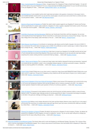 5/2/23, 9:27 AM Advanced View of Projects Raspberry Pi List - Raspberry PI Projects
https://projects-raspberry.com/advanced-view-of-projects-raspberry-pi-list/ 24/182
260. Alexa + Google Assistant On A Raspberry Pi Alexa + Google Assistant On A Raspberry Pi Steps to Build Smart Speaker: 1. To start off,
you’ll first need to set up your Raspberry Pi. To do so, simply download the NOOBS package,extract it to your microSD card and plug
it into your Raspberry Pi. Hook…... Listed under: Interfacing(USB - RS232 - I2c -ISP) Projects
261. Teachable Machine A voice-enabled machine which reads book and replies to the questions. Introduction In this project I built a
voice-enabled teachable machine which can scan text from a book pages or any text source and convert that to a context and users
can ask questions related…... Listed under: CNC Machines Projects
262. Selecting a Power Supply for Raspberry pi Problem You need to select a power supply for your Raspberry Pi. Solution see The basic
electrical specification for a power supply suitable for a Raspberry Pi is that it supplies a regulated 5V DC (direct current). The amount
of current that must be capable…... Listed under: Internet - Ethernet - LAN Projects
263. Smart Mirror Touchscreen (with Face Recognition) Build your own Touchscreen Smart Mirror with face recognition. You can even
control Spotify & Smart Home Appliances. The term Smart Mirrors could easily be dismissed as a Science Fiction fantasy. I mean, the
idea of Magic Mirrors that displays useful information to the user…... Listed under: Memory - Storage Projects
264. Safety Measures: Social Distancing A contribution to maintaining a safe distance and the health of people in the time of COVID-19
crisis. Introduction The current state of emergency due to COVID-19 has affected our world in several ways. In matter of days we have
had to change the way…... Listed under: Medical - Health based Projects
265. Connecting a Raspberry Pi IoT Device to the AWS Cloud Learn how to connect your Raspberry Pi to the AWS cloud for the first time!
IoT and connected device are becoming ubiquitous. Every day we work with companies all over the world who need help building
everything from smarter vending machines to automotive head-up displays…... Listed under: Raspberry Android
266. Rpibot – About Learning Robotics This is a simple and cheap mobile robot platform designed for learning and extending. I explained
my concept and also my problems I solved. I am an embedded software engineer in a German automotive company. I started this
project as a learning platform for embedded…... Listed under: Robotics - Automation Projects
267. Simple Pi Robot Simple Pi Robot aims to put robot control in simple form. https://youtu.be/kCIXRbidC90 Simple Pi Robot aims to put
robot control in simple form. The part list (1) Raspberry pi (Any model) but with the recent launch of pizero or pi 2 shall be a good…...
Listed under: Robotics - Automation Projects
268. Smart Control of Raspberry Pi Fan Using Python & ThingSpeak A Python script monitors CPU temperature and controls the fan using
on-off control with temperature hysteresis. Brief overview By default, the fan is directly connected to the GPIO - this implies its
constant operation. Despite the relative quiet operation of the fan, its continuous operation…... Listed under: Other Projects
269. Collars & Gateways A framework to track elephant activity over short & long term and alert potential incidents in areas of human-
elephant conflict. The elephant edge challenge provides an exciting opportunity for ideas in conservation technology to be applied
on the field. In this particular challenge, technology can play dual…... Listed under: GPS Based Projects
270. Autonomous Tank Adding a much cheaper alternative to the Carter and Kaya designs reference using a Lego EV3 set. In this project, I
will document the construction of a tracked vehicle made with Lego Technic parts and motors, enhanced with LiDAR and controlled
by a Jetson Nano…... Listed under: Robotics - Automation Projects
271. Changing Your Raspberry pi Password Problem: By default, the password for a Raspberry Pi will be raspberry. Problem: By default, the
password for a Raspberry Pi will be raspberry. You want to change this. Solution: You can use the raspi-config tool to change your
password. Run the raspi_config utility by issuing…... Listed under: Other Projects
272. Alexa Using Raspberry Pi and Bluetooth Speaker This Amazon Alexa which is built with Raspberry pi and Bluetooth Speaker. Description: This is Amazon Alexa
which is built by using Raspberry Pi and Bluetooth Speaker. This is a step by step tutorial to build Amazon Voice Service(AVS) SDK on Raspberry Pi. Please refer
to Amazon's…... Listed under: Sound - Audio Projects
 