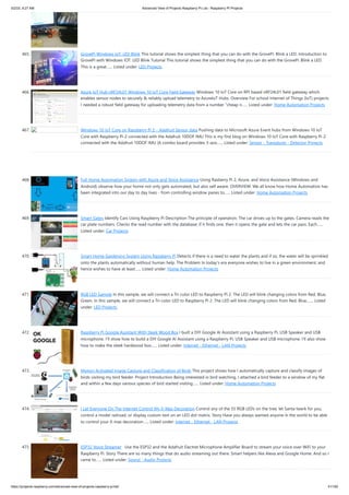 5/2/23, 9:27 AM Advanced View of Projects Raspberry Pi List - Raspberry PI Projects
https://projects-raspberry.com/advanced-view-of-projects-raspberry-pi-list/ 41/182
465. GrovePi Windows IoT: LED Blink This tutorial shows the simplest thing that you can do with the GrovePi: Blink a LED. Introduction to
GrovePi with Windows IOT: LED Blink Tutorial This tutorial shows the simplest thing that you can do with the GrovePi: Blink a LED.
This is a great…... Listed under: LED Projects
466. Azure IoT Hub nRF24L01 Windows 10 IoT Core Field Gateway Windows 10 IoT Core on RPI based nRF24L01 field gateway which
enables sensor nodes to securely & reliably upload telemetry to AzureIoT Hubs. Overview For school Internet of Things (IoT) projects
I needed a robust field gateway for uploading telemetry data from a number "cheap n…... Listed under: Home Automation Projects
467. Windows 10 IoT Core on Raspberry Pi 2 – Adafruit Sensor data Pushing data to Microsoft Azure Event hubs from Windows 10 IoT
Core with Raspberry Pi-2 connected with the Adafruit 10DOF IMU This is my first blog on Windows 10 IoT Core with Raspberry Pi-2
connected with the Adafruit 10DOF IMU (A combo board provides 3-axis…... Listed under: Sensor - Transducer - Detector Projects
468. Full Home Automation System with Azure and Voice Assistance Using Rasberry Pi 2, Azure, and Voice Assistance (Windows and
Android) observe how your home not only gets automated, but also self aware. OVERVIEW: We all know how Home Automation has
been integrated into our day to day lives - from controlling window panes to…... Listed under: Home Automation Projects
469. Smart Gates Identify Cars Using Raspberry Pi Description The principle of operation: The car drives up to the gates. Camera reads the
car plate numbers. Checks the read number with the database; if it finds one, then it opens the gate and lets the car pass. Each…...
Listed under: Car Projects
470. Smart Home Gardening System Using Raspberry Pi Detects if there is a need to water the plants and if so, the water will be sprinkled
onto the plants automatically without human help. The Problem In today’s era everyone wishes to live in a green environment, and
hence wishes to have at least…... Listed under: Home Automation Projects
471. RGB LED Sample In this sample, we will connect a Tri-color LED to Raspberry Pi 2. The LED will blink changing colors from Red, Blue,
Green. In this sample, we will connect a Tri-color LED to Raspberry Pi 2. The LED will blink changing colors from Red, Blue,…... Listed
under: LED Projects
472. Raspberry Pi Google Assistant With Sleek Wood Box l built a DIY Google AI Assistant using a Raspberry Pi, USB Speaker and USB
microphone. I’ll show how to build a DIY Google AI Assistant using a Raspberry Pi, USB Speaker and USB microphone. I’ll also show
how to make the sleek hardwood box…... Listed under: Internet - Ethernet - LAN Projects
473. Motion Activated Image Capture and Classification of Birds This project shows how I automatically capture and classify images of
birds visiting my bird feeder. Project Introduction Being interested in bird watching, I attached a bird feeder to a window of my flat
and within a few days various species of bird started visiting…... Listed under: Home Automation Projects
474. I Let Everyone On The Internet Control My X-Mas Decoration Control any of the 55 RGB LEDs on the tree, let Santa twerk for you,
control a model railroad, or display custom text on an LED dot matrix. Story Have you always wanted anyone in the world to be able
to control your X-mas decoration…... Listed under: Internet - Ethernet - LAN Projects
475. ESP32 Voice Streamer Use the ESP32 and the Adafruit Electret Microphone Amplifier Board to stream your voice over WiFi to your
Raspberry Pi. Story There are so many things that do audio streaming out there. Smart helpers like Alexa and Google Home. And so I
came to…... Listed under: Sound - Audio Projects
 