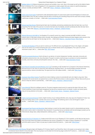 5/2/23, 9:27 AM Advanced View of Projects Raspberry Pi List - Raspberry PI Projects
https://projects-raspberry.com/advanced-view-of-projects-raspberry-pi-list/ 42/182
476. Weather Station V 2.0 Measure temperature, pressure and humidity in your room. Story In this project we will use the Adafruit Starter
Pack for Windows 10 IoT Core on Raspberry Pi 2 kit components to create a project that uses a sensor to read the temperature,
pressure, humidity and altitude. NOTE:…... Listed under: Sensor - Transducer - Detector Projects
477. Avalon Smart Home System A permanent under development project of a smart home system built with Raspberry Pi, Arduino and
Android tablets. Story The idea I've always loved the idea of monitoring and controlling things and the smart home concept is already
a well known concept, so I've tried…... Listed under: Home Automation Projects
478. Remote Heart Rate Monitor Monitoring the heart rate of somebody, and alerting somebody else when the heart rate is out of set
range Story The main idea of this exercise is to monitor the heart rate of somebody, and alert somebody else when the heart rate is
out of…... Listed under: Metering - Instrument Projects, Sensor - Transducer - Detector Projects
479. Network Monitoring with AWS IoT Use Raspberry PI as network monitor box, always connected with AWS IoT/SNS to monitor
network status or help power up/down device remotely. Story Background Network hacking and attack happens every seconds in the
world and the loss and impact can be very large, but not…... Listed under: Metering - Instrument Projects, Other Projects
480. IR remote with Raspberry PI Do you want to controls your TV, DVR and more using RaspberryPi? Story In this chapter I will explain
how can we control a TV or almost everything that uses an infrared remote control using Raspberry. This is part of my Home
Automation project. LIRC is…... Listed under: RFID - NFC Projects
481. Smart Environmental Monitoring Small, and easy to use devices, to monitor temperature, humidity, noise levels, luminosity and
atmospheric pressure across a city. Story Description The goal is to build a small and easy to use device to monitor temperature,
humidity, noise levels, luminosity and atmospheric pressure. The idea…... Listed under: Home Automation Projects
482. Azure Remote Controlled Light with Windows 10 IoT Core Controlling an LED remotely from a computer on the Internet. Powered by
Microsoft Azure IoT Hub. Story For those who have watched the "Big Bang Theory", you would probably remember that those
physicists build an Internet controlled lamp. The signal send from their laptop traveled…... Listed under: Other Projects
483. Automatic Vision Object Tracking A pan/tilt servo device helping a camera to automatically track color objects using vision. Story
Introduction On my last tutorial, we explored how to control a Pan/Tilt Servo device in order to position a PiCam. Now we will use our
device to help the camera to automatically…... Listed under: Sensor - Transducer - Detector Projects
484. Smart Waste Bin Device for intelligent waste bin. This device integrates several sensors to supervise the state of the trash. Story
Content guidelines Context Good waste management has become an essential issue for our planet. In public and natural spaces,
many do not pay attention to the waste…... Listed under: Other Projects, Sensor - Transducer - Detector Projects
485. Trading Card Scanner/Organizer Create a digital inventory of your trading/collectible cards using Lego and a Raspberry Pi. Story I was
really into trading cards as a kid. I recently came across a lot of Magic The Gathering cards in a box and thought to myself - I
wonder…... Listed under: Sensor - Transducer - Detector Projects
486. Decentralized Fleet Tracking with Blockchain Asset tracking is a trend, but this project intends to work in a decentralized way storing
each action, event or alert in a blockchain. Story Disclaimer: I'm assuming that you are familiar with the technologies involved, such as
PCB/schematic design tasks, nodejs development, soldering, and so…... Listed under: Other Projects
487. Remote SSH Access To Raspberry Pi 2 Enable remote SSH access to your Raspberry Pi 2 from anywhere, via the Yaler.net relay service.
Story (From http://www.instructables.com/id/Remote-SSH-access-to-Raspberry-Pi-2/) Want to deploy a Raspberry Pi "in the field"
and still be able to access it? Here is an easy way to enable remote SSH access to…... Listed under: Other Projects
488. AI Digit Recognition with PiCamera Recognize digits with Raspberry Pi, Pi Camera, OpenCV, and TensorFlow. Story In this project, we are going to train a deep
convolutional neural network to transcribe digits. Then we are going to use the data from the learning stage to allow the Pi Camera to…... Listed under: Sensor -
 