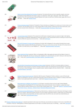 5/2/23, 9:27 AM Advanced View of Projects Raspberry Pi List - Raspberry PI Projects
https://projects-raspberry.com/advanced-view-of-projects-raspberry-pi-list/ 58/182
669. Setting Up the Pi Zero Wireless Pan-Tilt Camera Introduction This tutorial will show you how to assemble, program, and access
the Raspberry Pi Zero Wireless Pan-Tilt Camera. [caption id="attachment_15562" align="aligncenter" width="500"] SparkFun
Raspberry Pi Zero W Camera Kit[/caption] Required Materials You’ll need a microSD card, a sufficient power supply, and a micro-B
USB Cable.…... Listed under: Wireless projects
670. Pi Servo Hat Hookup Guide Introduction The SparkFun Pi Servo Hat allows your Raspberry Pi to control up to 16 servo motors via I2C
connection. This saves GPIO and lets you use the onboard GPIO for other purposes. Furthermore, the Pi Servo Shield adds a serial
terminal connection which will allow you…... Listed under: Development Board - Kits Projects, Motor Projects
671. Lumenati Hookup Guide Introduction The Lumenati line of LED boards is designed to give your projects an edge in their lighting
capacity. Based on the APA102C addressable LED, these LEDs employ a 2-wire communication protocol consisting of a clock line and
a data line. While this requires one more wire than…... Listed under: LED Projects
672. Qwiic HAT for Raspberry Pi Hookup Guide Introduction This Qwiic HAT for Raspberry Pi is the quickest and easiest way to utilize
SparkFun’s Qwiic ecosystem while still using that Raspberry Pi that you’ve come to know and love. This Qwiic HAT connects the I2C
bus (GND, 3.3V, SDA, and SCL) on your Raspberry Pi…... Listed under: Development Board - Kits Projects
673. Getting Started with TJBot Introduction TJBot is a kit developed at IBM to help people get started with their Watson AI service. It
comes with a friendly little robot that you build yourself, a Raspberry Pi 3, and all the parts you need to make your robot wave, blink,
talk,…... Listed under: Development Board - Kits Projects, Robotics - Automation Projects
674. Using the PSoC 6 Pioneer Board with the Pioneer IoT Add-on Shield Introduction The PSoC 6 is the latest addition to Cypress’s
powerful PSoC series of processors. The PSoC 6 Pioneer IoT Add-On Shield is the development tool associated with this processor
line, sporting an onboard debugger, Arduino compatible headers, CapSense widgets, and more, all tied to a PSoC…... Listed under:
Development Board - Kits Projects
675. Raspberry Pi Stand-Alone Programmer Introduction With the power of Raspberry Pi, Python, avrdude, a custom HAT with cable
adapter, we developed our own spin on AVR programming that turned out pretty darn robust. In addition to creating a stand alone
solution, it was a great experiment to learn more…... Listed under: Raspberry Programmer Projects
676. Remote Monitoring of Weather Using Raspberry Pi In this Project I am going to show you how to make a Remote Weather
monitoring system using Raspberry Pi3 I am using PubNub Cloud service for this,Free...which is PubNub is a global Data Stream
Network (DSN) and realtime infrastructure-as-a-service (IaaS) company based in San…... Listed under: Metering - Instrument Projects,
Phone Projects, Sensor - Transducer - Detector Projects, Temperature Measurement Projects
677. Telemonitoring System With Raspberry Pi Telemonitoring Telemonitoring is defined as the use of information technology to monitor
patients at a distance. Telemonitoring allows reduction of chronic disease complications thanks to a better follow-up; provides health
care services without using hospital beds; and reduces patient travel, time off from work, and overall costs. Telemonitoring can
help…... Listed under: Home Automation Projects
678. Raspberry PI Wireless Display Receiver In industrial automation & other areas most of the time, we want data to be viewed at control room or head office with
far distance, Thats why i made Raspberry Pi Wireless Display Receiver ,As RPi made its 1oth Million sale this year on its Birthday…... Listed under: LCD Projects,
 