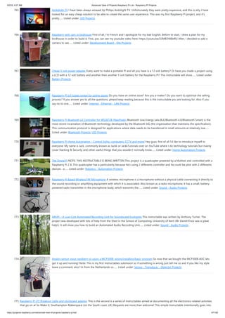 5/2/23, 9:27 AM Advanced View of Projects Raspberry Pi List - Raspberry PI Projects
https://projects-raspberry.com/advanced-view-of-projects-raspberry-pi-list/ 67/182
765. Ambilight TV I have been always amazed by Philips Ambilight TV. Unfortunately they were pretty expensive, and this is why I have
looked for an easy cheap solution to be able to create the same user experience. This was my first Raspberry Pi project, and it's
pretty…... Listed under: LED Projects
766. Raspberry with cam in birdhouse First of all, I'm French and I apologize for my bad English. Before to start, I drew a plan for my
birdhouse in order to build it. First, you can see my youtube video here: https://youtu.be/S3MB3YABeRU After, I decided to add a
camera to see…... Listed under: Development Board - Kits Projects
767. Cheap 5 volt power adapter Every want to make a portable Pi and all you have is a 12 volt battery? Or have you made a project using
a LCD with a 12 volt battery and another then another 5 volt battery for the Raspberry Pi? This instructable will show…... Listed under:
Battery Projects
768. Raspberry Pi IoT ticket printer for online stores Do you have an online store? Are you a maker? Do you want to optimize the selling
process? If you answer yes to all the questions, please keep reading because this is the instructable you are looking for. Also if you
say no to one…... Listed under: Internet - Ethernet - LAN Projects
769. Raspberry Pi Bluetooth LE Controller for WS2812B (NeoPixels) Bluetooth Low Energy (aka BLE/Bluetooth 4.0/Bluetooth Smart) is the
most recent incarnation of Bluetooth technology developed by the Bluetooth SIG (the organization that maintains the specification).
This communication protocol is designed for applications where data needs to be transferred in small amounts at relatively low…...
Listed under: Bluetooth Projects, LED Projects
770. Raspberry Pi Home Automation – Control lights, computers, CCTV and more! Hey guys, first of all I'd like to introduce myself to
everyone. My name is Jack, commonly known as Jackk or JackkTutorials over on YouTube where I do technology tutorials but mainly
cover Hacking & Security and other useful things that you wouldn't normally know…... Listed under: Home Automation Projects
771. The Drone Pi NOTE: THIS INSTRUCTABLE IS BEING WRITTEN This project is a quadcopter powered by a Multiwii and controlled with a
Raspberry Pi 2 B. This quadcopter has a particularity because he's using 2 differents controller and he could be pilot with 2 differents
devices : a…... Listed under: Robotics - Automation Projects
772. Raspberry Pi Based Wireless FM Microphone A wireless microphone is a microphone without a physical cable connecting it directly to
the sound recording or amplifying equipment with which it is associated. Also known as a radio microphone, it has a small, battery-
powered radio transmitter in the microphone body, which transmits the…... Listed under: Sound - Audio Projects
773. ARUPi – A Low-Cost Automated Recording Unit for Soundscape Ecologists This instructable was written by Anthony Turner. The
project was developed with lots of help from the Shed in the School of Computing, University of Kent (Mr Daniel Knox was a great
help!). It will show you how to build an Automated Audio Recording Unit…... Listed under: Sound - Audio Projects
774. Analog sensor input raspberry pi using a MCP3008: wiring/installing/basic program So now that we bought the MCP3008 ADC lets
get it up and running! Note: This is my first instructables submision so if something is wrong just tell me so and if you like my style
leave a comment, also I'm from the Netherlands so…... Listed under: Sensor - Transducer - Detector Projects
775. Raspberry PI I/O Breakout cable and plugboard adaptor This is the second is a series of Instructables aimed at documenting all the electronics-related activities
that go on at So Make It; Southampton Makerspace (on the South coast, UK) Requests are more than welcome! This simple Instructable intentionally goes into
 