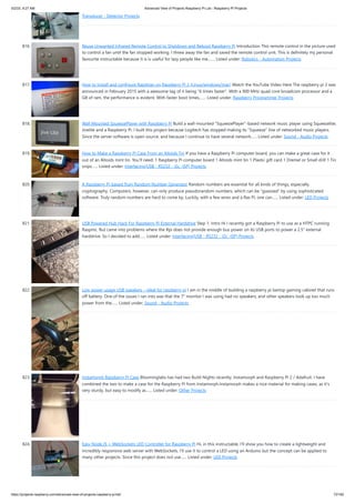 5/2/23, 9:27 AM Advanced View of Projects Raspberry Pi List - Raspberry PI Projects
https://projects-raspberry.com/advanced-view-of-projects-raspberry-pi-list/ 72/182
Transducer - Detector Projects
816. Reuse Unwanted Infrared Remote Control to Shutdown and Reboot Raspberry Pi Introduction This remote control in the picture used
to control a fan until the fan stopped working. I threw away the fan and saved the remote control unit. This is definitely my personal
favourite instructable because it is is useful for lazy people like me.…... Listed under: Robotics - Automation Projects
817. How to Install and configure Raspbian on Raspberry Pi 2 (Linux/windows/mac) Watch the YouTube Video Here The raspberry pi 2 was
announced in February 2015 with a awesome tag of it being "6 times faster". With a 900 MHz quad core broadcom processor and a
GB of ram, the performance is evident. With faster boot times,…... Listed under: Raspberry Programmer Projects
818. Wall Mounted SqueezePlayer with Raspberry Pi Build a wall-mounted "SqueezePlayer"-based network music player using Squeezelite,
Jivelite and a Raspberry Pi. I built this project because Logitech has stopped making its "Squeeze" line of networked music players.
Since the server software is open source, and because I continue to have several network…... Listed under: Sound - Audio Projects
819. How to Make a Raspberry Pi Case From an Altoids Tin If you have a Raspberry Pi computer board, you can make a great case for it
out of an Altoids mint tin. You'll need: 1 Raspberry Pi computer board 1 Altoids mint tin 1 Plastic gift card 1 Dremel or Small drill 1 Tin
snips…... Listed under: Interfacing(USB - RS232 - I2c -ISP) Projects
820. A Raspberry Pi-based Truly Random Number Generator Random numbers are essential for all kinds of things, especially
cryptography. Computers, however, can only produce pseudorandom numbers, which can be "guessed" by using sophisticated
software. Truly random numbers are hard to come by. Luckily, with a few wires and a Ras Pi, one can…... Listed under: LED Projects
821. USB Powered Hub Hack For Raspberry Pi External Harddrive Step 1: Intro Hi I recently got a Raspberry Pi to use as a HTPC running
Raspmc. But came into problems where the Rpi does not provide enough bus power on its USB ports to power a 2.5" external
harddrive. So I decided to add…... Listed under: Interfacing(USB - RS232 - I2c -ISP) Projects
822. Low power usage USB speakers – ideal for raspberry pi I am in the middle of building a raspberry pi bartop gaming cabinet that runs
off battery. One of the issues I ran into was that the 7" monitor I was using had no speakers, and other speakers took up too much
power from the…... Listed under: Sound - Audio Projects
823. Instamorph Raspberry Pi Case Bloominglabs has had two Build Nights recently, Instamorph and Raspberry Pi 2 / Adafruit. I have
combined the two to make a case for the Raspberry Pi from Instamorph.Instamorph makes a nice material for making cases, as it's
very sturdy, but easy to modify as…... Listed under: Other Projects
824. Easy Node.JS + WebSockets LED Controller for Raspberry Pi Hi, in this instructable, I'll show you how to create a lightweight and
incredibly responsive web server with WebSockets. I'll use it to control a LED using an Arduino but the concept can be applied to
many other projects. Since this project does not use…... Listed under: LED Projects
 