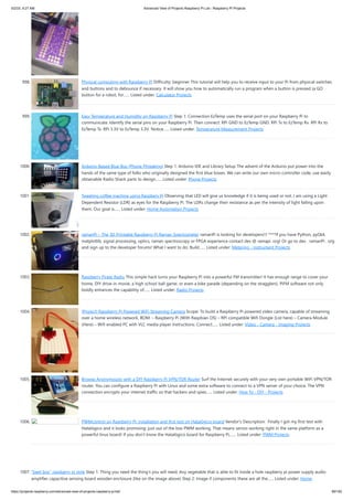 5/2/23, 9:27 AM Advanced View of Projects Raspberry Pi List - Raspberry PI Projects
https://projects-raspberry.com/advanced-view-of-projects-raspberry-pi-list/ 89/182
998. Physical computing with Raspberry Pi Difficulty: beginner This tutorial will help you to receive input to your Pi from physical switches
and buttons and to debounce if necessary. It will show you how to automatically run a program when a button is pressed (a GO
button for a robot, for…... Listed under: Calculator Projects
999. Easy Temperature and Humidity on Raspberry Pi Step 1: Connection EzTemp uses the serial port on your Raspberry Pi to
communicate. Identify the serial pins on your Raspberry Pi. Then connect: RPi GND to EzTemp GND. RPi Tx to EzTemp Rx. RPi Rx to
EzTemp Tx. RPi 3.3V to EzTemp 3.3V. Notice…... Listed under: Temperature Measurement Projects
1000. Arduino-Based Blue Box (Phone Phreaking) Step 1: Arduino IDE and Library Setup The advent of the Arduino put power into the
hands of the same type of folks who originally designed the first blue boxes. We can write our own micro-controller code, use easily
obtainable Radio Shack parts to design…... Listed under: Phone Projects
1001. Tweeting coffee machine using Raspbery Pi Observing that LED will give us knowledge if it is being used or not. I am using a Light
Dependent Resistor (LDR) as eyes for the Raspberry Pi. The LDRs change their resistance as per the intensity of light falling upon
them. Our goal is…... Listed under: Home Automation Projects
1002. ramanPi – The 3D Printable Raspberry Pi Raman Spectrometer ramanPi is looking for developers!!! ****If you have Python, pyQt4,
matplotlib, signal processing, optics, raman spectroscopy or FPGA experience contact dev @ ramapi .org! Or go to dev . ramanPi . org
and sign up to the developer forums! What I want to do: Build…... Listed under: Metering - Instrument Projects
1003. Raspberry Pirate Radio This simple hack turns your Raspberry Pi into a powerful FM transmitter! It has enough range to cover your
home, DIY drive-in movie, a high school ball game, or even a bike parade (depending on the stragglers). PiFM software not only
boldly enhances the capability of…... Listed under: Radio Projects
1004. [Project] Raspberry Pi Powered WiFi Streaming Camera Scope: To build a Raspberry Pi powered video camera, capable of streaming
over a home wireless network. BOM: – Raspberry Pi (With Raspbian OS) – RPi compatible Wifi Dongle (List here) – Camera Module
(Here) – Wifi enabled PC with VLC media player Instructions: Connect…... Listed under: Video - Camera - Imaging Projects
1005. Browse Anonymously with a DIY Raspberry Pi VPN/TOR Router Surf the Internet securely with your very own portable WiFi VPN/TOR
router. You can configure a Raspberry Pi with Linux and some extra software to connect to a VPN server of your choice. The VPN
connection encrypts your internet traffic so that hackers and spies…... Listed under: How To - DIY - Projects
1006. PWMcontrol on Raspberry Pi: installation and first test on Hatalógico board Vendor's Description: Finally I got my first test with
Hatalógico and it looks promising: just out of the box PWM working. That means servos working right in the same platform as a
powerful linux board! If you don't know the Hatalógico board for Raspberry Pi,…... Listed under: PWM Projects
1007. ”beet box” raspberry pi style Step 1: Thing you need the thing's you will need, Any vegetable that is able to fit inside a hole raspberry pi power supply audio
amplifier capacitive sensing board wooden enclosure (like on the image above) Step 2: Image if components these are all the…... Listed under: Home
 