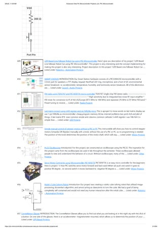449. LDR Based Line follower Robot Car using PIC Microcontroller Here I give you description of my project “LDR Based
Line follower Robot Car using PIC Microcontroller”. This project is very interesting and the concept implementing for
making this project is also very interesting. Project description: In this project “LDR Based Line follower Robot Car…...
Listed under: Robotics - Automation Projects
450. SMART STATION INTRODUCTION Our Smart Station hardware consists of a PIC32MX250 microcontroller with a
3.5mm jack for speakers, a TFT display, keypad, NeoPixel LED ring, microphone, and a host of I2C environmental
sensor breakouts: i.e. accelerometer, temperature, humidity, and luminosity sensor breakouts. All of the electronics
are…... Listed under: Sound - Audio Projects
451. FM radio using TEA5767 and PIC16F877A micro-controller TEA5767 single-chip FM stereo radio. ----------------------
------------------------------------------------------ * High sensitivity due to integrated low-noise RF input ampliﬁer *
FM mixer for conversion to IF of the US/Europe (87.5 MHz to 108 MHz) and Japanese (76 MHz to 91 MHz) FM band *
Preset tuning to receive…... Listed under: Radio Projects
452. Led matrix project using shift register and pic16f628a micro This is aproject to move words on led matrix display we
use 1-pic16f628a as microcontroller :cheap,program memory 2k,has internal oscillatror,two ports A,B and alot of
things. 2-led matrix 8*8 rows common anode and columns common cathode 3-shift register i use 74ls164 it is
simple than…... Listed under: LED Projects
453. Simple manual control of stepper motors without a PIC or PC This instructable will show you how to control stepper
motors (Unipolar OR Bipolar) manually with a knob, without the use of a PIC or PC, so no programming is needed.
The position of the knob determines the position of the motor shaft, which will stay…... Listed under: Motor Projects
454. Pic32 Oscilloscope Introduction For this project, we constructed an oscilloscope using the PIC32. The inspiration for
this project came from the oscilloscopes we used in lab throughout the semester. These oscilloscopes allowed
people to view and understand the behavior of a circuit. Without oscilloscopes, many of the…... Listed under: Other
Projects
455. Servo Motor Control by using Microcontroller PIC16F877A PIC16F877A is an easy micro controller for the beginners
Here in project: 1) How PIC switches servo motor forward and back ward When we push one switch it goes to
positive 90 degree , on second switch it moves backward to negative 90 degree a.…... Listed under: Motor Projects
456. Rubik’s Cube Solving Robot Introduction Our project was creating a rubiks cube solving robot that utilized image
processing, Kociemba's algorithm, and servos acting as claws/arms to turn the cube. We had a goal of being
completely self contained and would not need any human interaction after the initial cube…... Listed under: Robotics
- Automation Projects
457. Constellation Glasses INTRODUCTION: The Constellation Glasses allow you to find out what you are looking at in the night sky with the click of
a button. On one side of the glasses, there is an accelerometer- magnetometer mounted, which allows us to determine the position of your…...
Listed under: GPS Based Projects
5/6/24, 11:09 AM Advanced View Pic Microcontroller Projects List | PIC Microcontroller
https://pic-microcontroller.com/advanced-view-pic-microcontroller-projects-list/ 41/204
 