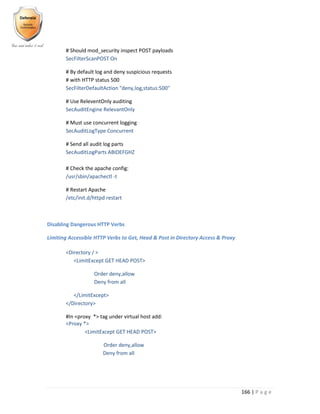 166 | P a g e
# Should mod_security inspect POST payloads
SecFilterScanPOST On
# By default log and deny suspicious requests
# with HTTP status 500
SecFilterDefaultAction "deny,log,status:500"
# Use ReleventOnly auditing
SecAuditEngine RelevantOnly
# Must use concurrent logging
SecAuditLogType Concurrent
# Send all audit log parts
SecAuditLogParts ABIDEFGHZ
# Check the apache config:
/usr/sbin/apachectl -t
# Restart Apache
/etc/init.d/httpd restart
Disabling Dangerous HTTP Verbs
Limiting Accessible HTTP Verbs to Get, Head & Post in Directory Access & Proxy
<Directory / >
<LimitExcept GET HEAD POST>
Order deny,allow
Deny from all
</LimitExcept>
</Directory>
#In <proxy *> tag under virtual host add:
<Proxy *>
<LimitExcept GET HEAD POST>
Order deny,allow
Deny from all
 