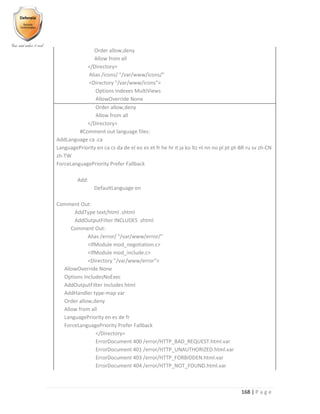 168 | P a g e
Order allow,deny
Allow from all
</Directory>
Alias /icons/ "/var/www/icons/"
<Directory "/var/www/icons">
Options Indexes MultiViews
AllowOverride None
Order allow,deny
Allow from all
</Directory>
#Comment out language files:
AddLanguage ca .ca
LanguagePriority en ca cs da de el eo es et fr he hr it ja ko ltz nl nn no pl pt pt-BR ru sv zh-CN
zh-TW
ForceLanguagePriority Prefer Fallback
Add:
DefaultLanguage en
Comment Out:
AddType text/html .shtml
AddOutputFilter INCLUDES .shtml
Comment Out:
Alias /error/ "/var/www/error/"
<IfModule mod_negotiation.c>
<IfModule mod_include.c>
<Directory "/var/www/error">
AllowOverride None
Options IncludesNoExec
AddOutputFilter Includes html
AddHandler type-map var
Order allow,deny
Allow from all
LanguagePriority en es de fr
ForceLanguagePriority Prefer Fallback
</Directory>
ErrorDocument 400 /error/HTTP_BAD_REQUEST.html.var
ErrorDocument 401 /error/HTTP_UNAUTHORIZED.html.var
ErrorDocument 403 /error/HTTP_FORBIDDEN.html.var
ErrorDocument 404 /error/HTTP_NOT_FOUND.html.var
 