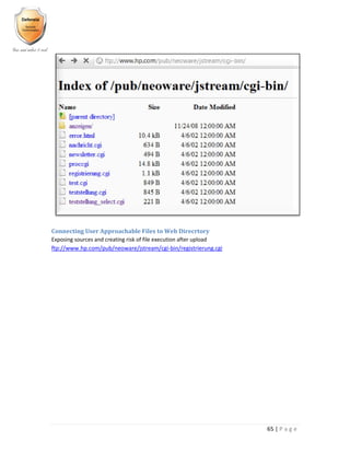 65 | P a g e
Connecting User Approachable Files to Web Direcrtory
Exposing sources and creating risk of file execution after upload
ftp://www.hp.com/pub/neoware/jstream/cgi-bin/registrierung.cgi
 