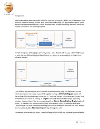 83 | P a g e
Background
Web browsers have a security policy called the same-site origin policy, which blocks Web pages from
accessing data from another domain. Web sites often work around this policy by having their server
request content from another site's server in the backend, thus circumventing the check within the
browser, as shown in the following diagram.
In Internet Explorer 8, Web pages can simply make a cross-domain data request within the browser
by using the new XDomainRequest object instead of a server-to-server request, as shown in the
following diagram.
Cross-domain requests require mutual consent between the Web page and the server. You can
initiate a cross-domain request in your Web page by creating anXDomainRequest object off
the window object and opening a connection to a particular domain. The browser will request data
from the domain's server by sending an Originheader with the value of the origin. It will only
complete the connection if the server responds with an Access-Control-Allow-Origin header of
either * or the exact URL of the requesting page. This behavior is part of the World Wide Web
Consortium (W3C)'s Web Application Working Group's draft framework on client-side cross-domain
communication that the XDomainRequest object integrates with.
For example, a server's Active Server Pages (ASP) page might include the following response header.
 