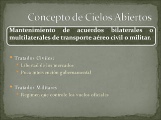 Tratados Civiles: Libertad de los mercados Poca intervención gubernamental Tratados Militares Regimen que controle los vuelos oficiales 