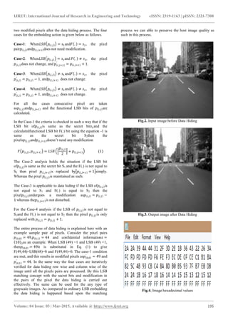 IJRET: International Journal of Research in Engineering and Technology eISSN: 2319-1163 | pISSN: 2321-7308
_______________________________________________________________________________________
Volume: 04 Issue: 03 | Mar-2015, Available @ http://www.ijret.org 195
two modified pixels after the data hiding process. The four
cases for the embedding action is given below as follows.
Case-1: When and , the pixel
pair and does not need modification.
Case-2: When and , the pixel
does not change, and .
Case-3: When and , the pixel
, and does not change.
Case-4: When and , the pixel
, and does not change.
For all the cases consecutive pixel are taken
as and and the functional LSB bits of are
calculated.
In the Case-1 the criteria is checked in such a way that if the
LSB bit of is same as the secret bit and the
calculatedfunctional LSB bit F(.) bit using the equation -1 is
same as the secret bit S2then the
pixels and doesn’t need any modification
The Case-2 analysis holds the situation if the LSB bit
of is same as the secret bit S1 and the F(.) is not equal to
S2 then pixel is replaced by simply.
Whereas the pixel is maintained as such.
The Case-3 is applicable to data hiding if the LSB of is
not equal to S1 and F(.) is equal to S2 then the
pixel undergoes a modification as
whereas the is not disturbed.
For the Case-4 analysis if the LSB of is not equal to
S1and the F(.) is not equal to S2 then the pixel is only
replaced with .
The entire process of data hiding is explained here with an
example sample pair of pixels. Consider the pixel pairs
, and confidential information
as an example. When LSB (49) =1 and LSB (49) =1,
then it is substituted in Eq. (1) to give
F(49,44)=LSB(68)=0 and F(49,44)=0. The case-1 condition
are met, and this results in modified pixels as and
. In the same way the four cases are iteratively
verified for data hiding row wise and column wise of the
image until all the pixels pairs are processed. By this LSB
matching concept with the secret bits and modification in
the pairs of the pixel the data hiding is carried out
effectively. The same can be used for the any type of
grayscale images. As compared to ordinary LSB embedding
the data hiding is happened based upon the matching
process we can able to preserve the host image quality as
such in this process.
Fig.2. Input image before Data Hiding
Fig.3. Output image after Data Hiding
Fig.4. Image hexadecimal values
 