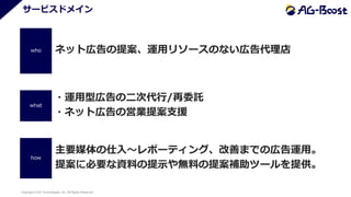 Copyright © SO Technologies, Inc. All Rights Reserved. 9
サービスドメイン
ネット広告の提案、運用リソースのない広告代理店
who
what
how
主要媒体の仕入～レポーティング、改善までの広告運用。
提案に必要な資料の提示や無料の提案補助ツールを提供。
・運用型広告の二次代行/再委託
・ネット広告の営業提案支援
 
