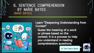 6. SENTENCE COMPREHENSION
BY NAÏVE BAYES
（NAIVE BAYES）
Guess the meaning of a word
or phrase based on the
context. It is a process to help
you understand in reading
comprehension questions.
AI Term: Naive Bayes
Learn "Deepening Understanding from
Context"
 
