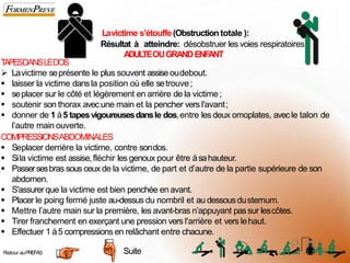 T
APESDANSLEDOS
➢ Lavictime seprésente le plus souvent assiseoudebout.
▪ laisser la victime dansla position où elle setrouve;
▪ seplacer sur le côté et légèrement en arrière de la victime;
▪ soutenir son thorax avecune main et la pencher vers l'avant;
▪ donner de 1 à5 tapesvigoureusesdansle dos,entre les deux omoplates, avecle talon de
l’autre main ouverte.
COMPRESSIONSABDOMINALES
▪ Seplacer derrière la victime, contre sondos.
▪ Sila victime est assise,fléchir les genoux pour être àsahauteur.
▪ Passersesbras sousceux de la victime, de part et d’autre de la partie supérieure de son
abdomen.
▪ S'assurerque la victime est bien penchée en avant.
▪ Placer le poing fermé juste au-dessus du nombril et au dessousdusternum.
▪ Mettre l’autre main sur la première, les avant-bras n’appuyant passur lescôtes.
▪ Tirer franchement en exerçant une pression vers l'arrière et vers lehaut.
▪ Effectuer 1 à5 compressions en relâchant entre chacune.
Suite
Retour auPREFAS
Lavictime s’étouffe(Obstructiontotale ):
Résultat à atteindre: désobstruer les voies respiratoires
ADUL
TEOUGRANDENFANT
3
0
 