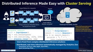 CVPR 2020 Tutorial
Distributed Inference Made Easy with Cluster Serving
P5
P4
P3
P2
P1
R4
R3
R2
R1R5
Input Queue for requests
Output Queue (or files/DB tables)
for prediction results
Local node or
Docker container Hadoop/Yarn/K8s cluster
Network
connection
Model
Simple
Python script
https://software.intel.com/en
-us/articles/distributed-
inference-made-easy-with-
analytics-zoo-cluster-serving#enqueue request
input = InputQueue()
img = cv2.imread(path)
img = cv2.resize(img, (224, 224))
input.enqueue_image(id, img)
#dequeue response
output = OutputQueue()
result = output.dequeue()
for k in result.keys():
print(k + “: “ + 
json.loads(result[k]))
√ Users freed from complex distributed inference solutions
√ Distributed, real-time inference automatically managed by Analytics Zoo
− TensorFlow, PyTorch, Caffe, BigDL, OpenVINO, …
− Spark Streaming, Flink, …
Analytics Zoo API in blue
 