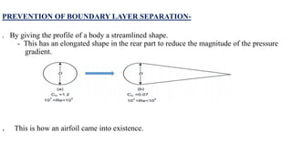 PREVENTION OF BOUNDARY LAYER SEPARATION-
. By giving the profile of a body a streamlined shape.
- This has an elongated shape in the rear part to reduce the magnitude of the pressure
gradient.
. This is how an airfoil came into existence.
 