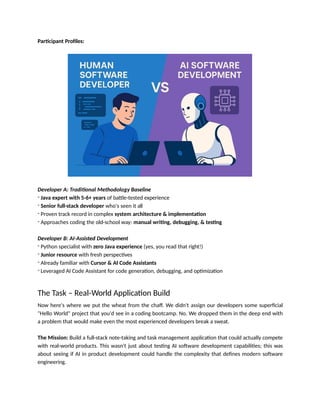 Participant Profiles:
Developer A: Traditional Methodology Baseline
- Java expert with 5-6+ years of battle-tested experience
- Senior full-stack developer who's seen it all
- Proven track record in complex system architecture & implementation
- Approaches coding the old-school way: manual writing, debugging, & testing
Developer B: AI-Assisted Development
- Python specialist with zero Java experience (yes, you read that right!)
- Junior resource with fresh perspectives
- Already familiar with Cursor & AI Code Assistants
- Leveraged AI Code Assistant for code generation, debugging, and optimization
The Task – Real-World Application Build
Now here's where we put the wheat from the chaff. We didn't assign our developers some superficial
"Hello World" project that you'd see in a coding bootcamp. No. We dropped them in the deep end with
a problem that would make even the most experienced developers break a sweat.
The Mission: Build a full-stack note-taking and task management application that could actually compete
with real-world products. This wasn't just about testing AI software development capabilities; this was
about seeing if AI in product development could handle the complexity that defines modern software
engineering.
 