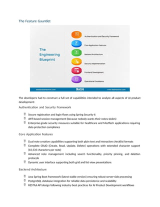 The Feature Gauntlet
The developers had to construct a full set of capabilities intended to analyze all aspects of AI product
development:
Authentication and Security Framework
 Secure registration and login flows using Spring Security 6
 JWT-based session management (because nobody wants their notes stolen)
 Enterprise-grade security measures suitable for healthcare and MedTech applications requiring
data protection compliance
Core Application Features
 Dual note creation capabilities supporting both plain text and interactive checklist formats
 Complete CRUD (Create, Read, Update, Delete) operations with extended character support
(65,535 characters per note)
 Advanced note management including search functionality, priority pinning, and deletion
protocols
 Dynamic user interface supporting both grid and list view presentations
Backend Architecture
 Java Spring Boot framework (latest stable version) ensuring robust server-side processing
 PostgreSQL database integration for reliable data persistence and scalability
 RESTful API design following industry best practices for AI Product Development workflows
 