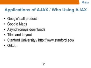 Applications of AJAX / Who Using AJAX Google’s all product Google Maps Asynchronous downloads  Tiles and Layout  Stanford University / http://www.stanford.edu/ Orkut. 