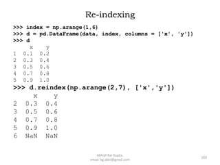 Re-indexing
>>> index = np.arange(1,6)
>>> d = pd.DataFrame(data, index, columns = ['x', 'y'])
>>> d
x y
1 0.1 0.2
2 0.3 0.4
3 0.5 0.6
4 0.7 0.8
5 0.9 1.0
>>> d.reindex(np.arange(2,7), ['x','y'])
x y
2 0.3 0.4
3 0.5 0.6
4 0.7 0.8
5 0.9 1.0
6 NaN NaN
103
Abhijit Kar Gupta,
email: kg.abhi@gmail.com
 