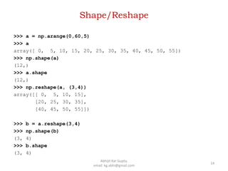 Shape/Reshape
>>> a = np.arange(0,60,5)
>>> a
array([ 0, 5, 10, 15, 20, 25, 30, 35, 40, 45, 50, 55])
>>> np.shape(a)
(12,)
>>> a.shape
(12,)
>>> np.reshape(a, (3,4))
array([[ 0, 5, 10, 15],
[20, 25, 30, 35],
[40, 45, 50, 55]])
>>> b = a.reshape(3,4)
>>> np.shape(b)
(3, 4)
>>> b.shape
(3, 4)
14
Abhijit Kar Gupta,
email: kg.abhi@gmail.com
 