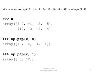>>> x = np.array([0, -1, 2, 5, 10, 3, -2, 4]).reshape(2,4)
>>> x
array([[ 0, -1, 2, 5],
[10, 3, -2, 4]])
>>> np.ptp(x, 0)
array([10, 4, 4, 1])
>>> np.ptp(x, 1)
array([ 6, 12])
30
Abhijit Kar Gupta,
email: kg.abhi@gmail.com
 