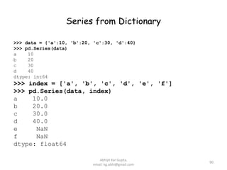 Series from Dictionary
>>> data = {'a':10, 'b':20, 'c':30, 'd':40}
>>> pd.Series(data)
a 10
b 20
c 30
d 40
dtype: int64
>>> index = ['a', 'b', 'c', 'd', 'e', 'f']
>>> pd.Series(data, index)
a 10.0
b 20.0
c 30.0
d 40.0
e NaN
f NaN
dtype: float64
90
Abhijit Kar Gupta,
email: kg.abhi@gmail.com
 