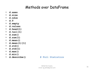 Methods over DataFrame
• d.axes
• d.size
• d.ndim
• d.T
• d.empty
• d.values
• d.head(1)
• d.tail(1)
• d.sum()
• d.sum(1)
• d.mean()
• d.mean(1)[1]
• d.std()
• d.std(1)
• d.max()
• d.min()
• d.describe() # Full Statistics
96
Abhijit Kar Gupta,
email: kg.abhi@gmail.com
 