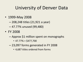 Consortial Non-Use (1999-May 2008)39.14%	out of 278,650 titles39.46%	out of 129,914 titles47.77%	out of 208,248 titles49.41%	out of 348,181 titles50.89%	out of 67,250 titles 51.57%	out of 116,799 titles52.41%	out of 55,848 titles59.62%	out of 133,645 titles	34.52% unused 