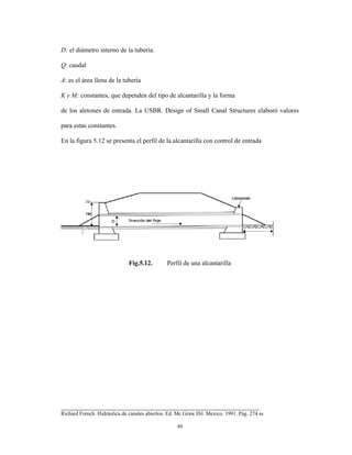 49
D: el diámetro interno de la tubería.
Q: caudal
A: es el área llena de la tubería
K y M: constantes, que dependen del tipo de alcantarilla y la forma
de los aletones de entrada. La USBR. Design of Small Canal Structures elaboró valores
para estas constantes.
En la figura 5.12 se presenta el perfil de la alcantarilla con control de entrada
Fig.5.12. Perfil de una alcantarilla
_____________________________________________________________
Richard French. Hidráulica de canales abiertos. Ed. Mc Graw Hil. Mexico. 1991. Pág. 274 ss
 