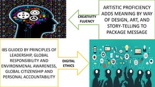 ARTISTIC PROFICIENCY
ADDS MEANING BY WAY
OF DESIGN, ART, AND
STORY-TELLING TO
PACKAGE MESSAGE
I8S GUIDED BY PRINCIPLES OF
LEADERSHIP, GLOBAL
RESPONSIBILITY AND
ENVIRONMENAL AWARENESS,
GLOBAL CITIZENSHIP AND
PERSONAL ACCOUNTABILITY
CREATIVITY
FLUENCY
DIGITAL
ETHICS
 