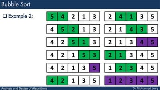 Analysis and Design of Algorithms
5 4 2 1 3
4 5 2 1 3
4 2 5 1 3
4 2 1 5 3
4 2 1 3 5
4 2 1 3 5
2 4 1 3 5
2 1 4 3 5
2 1 3 4 5
2 1 3 4 5
1 2 3 4 5
1 2 3 4 5
 Example 2:
 