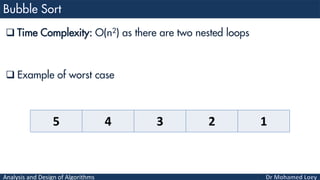 Analysis and Design of Algorithms
 Time Complexity: O(n2) as there are two nested loops
 Example of worst case
5 4 3 2 1
 