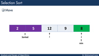 Analysis and Design of Algorithms
 Move
2 5 12 9 8

Sorted

i

min

j
 