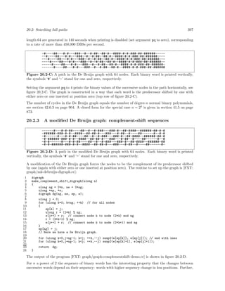 20.2: Searching full paths 397
length 64 are generated in 140 seconds when printing is disabled (set argument pq to zero), corresponding
to a rate of more than 450,000 DBSs per second.
-#----##---#-#---###--#--#-##--##-#--####-#-#-###-##-######-----
--#----##---#-#---###--#--#-##--##-#--####-#-#-###-##-######----
---#----##---#-#---###--#--#-##--##-#--####-#-#-###-##-######---
----#----##---#-#---###--#--#-##--##-#--####-#-#-###-##-######--
-----#----##---#-#---###--#--#-##--##-#--####-#-#-###-##-######-
------#----##---#-#---###--#--#-##--##-#--####-#-#-###-##-######
Figure 20.2-C: A path in the De Bruijn graph with 64 nodes. Each binary word is printed vertically,
the symbols ‘#’ and ‘-’ stand for one and zero, respectively.
Setting the argument pq to 4 prints the binary values of the successive nodes in the path horizontally, see
ﬁgure 20.2-C. The graph is constructed in a way that each word is the predecessor shifted by one with
either zero or one inserted at position zero (top row of ﬁgure 20.2-C).
The number of cycles in the De Bruijn graph equals the number of degree-n normal binary polynomials,
see section 42.6.3 on page 904. A closed form for the special case n = 2k
is given in section 41.5 on page
873.
20.2.3 A modiﬁed De Bruijn graph: complement-shift sequences
------#---#-#-##----##--#--#-###---###-#--##-####--######-##-#-#
-######-###-#-#--####--##-##-#---###---#-##--#----##------#--#-#
-#------#---#-#-##----##--#--#-###---###-#--##-####--######-##-#
-#-######-###-#-#--####--##-##-#---###---#-##--#----##------#--#
-#-#------#---#-#-##----##--#--#-###---###-#--##-####--######-##
-#-#-######-###-#-#--####--##-##-#---###---#-##--#----##------#-
Figure 20.2-D: A path in the modiﬁed De Bruijn graph with 64 nodes. Each binary word is printed
vertically, the symbols ‘#’ and ‘-’ stand for one and zero, respectively.
A modiﬁcation of the De Bruijn graph forces the nodes to be the complement of its predecessor shifted
by one (again with either zero or one inserted at position zero). The routine to set up the graph is [FXT:
graph/mk-debruijn-digraph.cc]:
1 digraph
2 make_complement_shift_digraph(ulong n)
3 {
4 ulong ng = 2*n, ne = 2*ng;
5 ulong *ep, *e;
6 digraph dg(ng, ne, ep, e);
7
8 ulong j = 0;
9 for (ulong k=0; k<ng; ++k) // for all nodes
10 {
11 ep[k] = j;
12 ulong r = (2*k) % ng;
13 e[j++] = r; // connect node k to node (2*k) mod ng
14 r = (2*k+1) % ng;
15 e[j++] = r; // connect node k to node (2*k+1) mod ng
16 }
17 ep[ng] = j;
18 // Here we have a De Bruijn graph.
19
20 for (ulong k=0,j=ng-1; k<j; ++k,--j) swap2(e[ep[k]], e[ep[j]]); // end with ones
21 for (ulong k=0,j=ng-1; k<j; ++k,--j) swap2(e[ep[k]+1], e[ep[j]+1]);
22
23 return dg;
24 }
The output of the program [FXT: graph/graph-complementshift-demo.cc] is shown in ﬁgure 20.2-D.
For n a power of 2 the sequence of binary words has the interesting property that the changes between
successive words depend on their sequency: words with higher sequency change in less positions. Further,
 