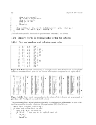 70 Chapter 1: Bit wizardry
4 ulong u1 = S_.current();
5 if ( u1 == 0 ) return last();
6 ulong u0 = S_.prev();
7 ulong x = ~u0 & u1;
8 g_ ^= x;
9 return g_;
10 }
11
12 ulong last(ulong v) { S_.last(v); h_=highest_one(v); g_=h_; return g_; }
13 ulong last() { S_.last(); g_=h_; return g_; }
14 };
About 365 million subsets per second are generated with both next() and prev().
1.26 Binary words in lexicographic order for subsets
1.26.1 Next and previous word in lexicographic order
1: 1... = 8 {0}
2: 11.. = 12 {0, 1}
3: 111. = 14 {0, 1, 2}
4: 1111 = 15 {0, 1, 2, 3}
5: 11.1 = 13 {0, 1, 3}
6: 1.1. = 10 {0, 2}
7: 1.11 = 11 {0, 2, 3}
8: 1..1 = 9 {0, 3}
9: .1.. = 4 {1}
10: .11. = 6 {1, 2}
11: .111 = 7 {1, 2, 3}
12: .1.1 = 5 {1, 3}
13: ..1. = 2 {2}
14: ..11 = 3 {2, 3}
15: ...1 = 1 {3}
Figure 1.26-A: Binary words corresponding to nonempty subsets of the 4-element set in lexicographic
order with respect to subsets. Note the ﬁrst element of the subsets corresponds to the highest set bit.
[0: ...... = 0 *] 16: .guatda.com/cmx.p1...1 = 17 32: 1....1 = 33 48: 11..11 = 51
1: .....1 = 1 * 17: .1..11 = 19 33: 1...11 = 35 49: 11..1. = 50
2: ....11 = 3 18: .1..1. = 18 * 34: 1...1. = 34 * 50: 11.1.1 = 53
3: ....1. = 2 19: .1.1.1 = 21 35: 1..1.1 = 37 51: 11.111 = 55
4: ...1.1 = 5 20: .1.111 = 23 36: 1..111 = 39 52: 11.11. = 54
5: ...111 = 7 21: .1.11. = 22 37: 1..11. = 38 53: 11.1.. = 52
6: ...11. = 6 * 22: .1.1.. = 20 38: 1..1.. = 36 54: 111..1 = 57
7: ...1.. = 4 23: .11..1 = 25 39: 1.1..1 = 41 55: 111.11 = 59
8: ..1..1 = 9 24: .11.11 = 27 40: 1.1.11 = 43 56: 111.1. = 58
9: ..1.11 = 11 25: .11.1. = 26 41: 1.1.1. = 42 57: 1111.1 = 61
10: ..1.1. = 10 * 26: .111.1 = 29 42: 1.11.1 = 45 58: 111111 = 63
11: ..11.1 = 13 27: .11111 = 31 43: 1.1111 = 47 59: 11111. = 62
12: ..1111 = 15 28: .1111. = 30 44: 1.111. = 46 60: 1111.. = 60 *
13: ..111. = 14 29: .111.. = 28 45: 1.11.. = 44 61: 111... = 56
14: ..11.. = 12 30: .11... = 24 46: 1.1... = 40 62: 11.... = 48
15: ..1... = 8 31: .1.... = 16 47: 11...1 = 49 63: 1..... = 32
Figure 1.26-B: Binary words corresponding to the subsets of the 6-element set, as generated by
prev lexrev(). Fixed points are marked with asterisk.
The (bit-reversed) binary words in lexicographic order with respect to the subsets shown in ﬁgure 1.26-A
can be generated by successive calls to the following function [FXT: bits/bitlex.h]:
1 static inline ulong next_lexrev(ulong x)
2 // Return next word in subset-lex order.
3 {
4 ulong x0 = x & -x; // lowest bit
5 if ( 1!=x0 ) // easy case: set bit right of lowest bit
6 {
7 x0 >>= 1;
8 x ^= x0;
9 return x;
 