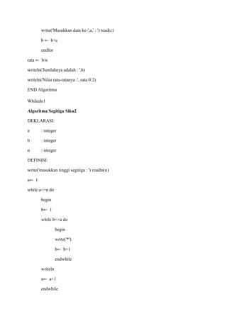 write('Masukkan data ke-',a,' : ') read(c)
b b+c
endfor
rata b/n
writeln('Jumlahnya adalah : ',b)
writeln('Nilai rata-ratanya :', rata:0:2)
END Algoritma
Whiledo1
Algoritma Segitiga Siku2
DEKLARASI:
a : integer
b : integer
n : integer
DEFINISI:
write('masukkan tinggi segitiga : ') readln(n)
a 1
while a<=n do
begin
b 1
while b<=a do
begin
write('*')
b b+1
endwhile
writeln
a a+1
endwhile
 