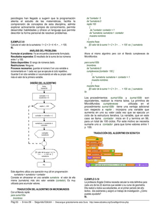psicólogos han llegado a sugerir que la programación                         da "contador 0
alienta el estudio de las matemáticas, facilita la                           da "sumatoria 0
comprensión de conceptos de esta disciplina, admite                          repite 100
explorar activamente campos de conocimiento, permite                             [
desarrollar habilidades y ofrece un lenguaje que permite                          da "contador :contador + 1
describir la forma personal de resolver problemas.                               da "sumatoria :sumatoria + :contador
                                                                                 muestra nombres
                                                                               ]
EJEMPLO 3-9                                                                  muestra frase
Calcular el valor de la sumatoria: 1 + 2 + 3 + 4 +5 + … + 100.                  [El valor de la suma 1 + 2 + 3 + . . . + 100 es ] :sumatoria
R/.                                                                    fin
                      ANÁLISIS DEL PROBLEMA
Formular el problema: Ya se encuentra claramente formulado.            Ahora el mismo algoritmo pero con el Mando cumpleveces de
Resultados esperados: El resultado de la suma de los números           MicroMundos:
entre 1 y 100.
Datos disponibles: El rango de números dado.                           para suma100b
Restricciones: Ninguna.                                                    bnombres
Procesos necesarios: guardar el número 0 en una variable e                 da "sumatoria 0
incrementarla en 1 cada vez que se ejecute el ciclo repetitivo.            cumpleveces [contador 100 ]
Guardar 0 en otra variable e ir acumulando en ella su propio valor               [
más el valor de la primera variable.                                              da "sumatoria :sumatoria + :contador + 1
                                                                                 muestra nombres
                     DISEÑO DEL ALGORITMO                                       ]
                                                                           muestra frase
                                                                             [El valor de la suma 1 + 2 + 3 + . . . + 100 es ] :sumatoria
                                                                       fin

                                                                       Los procedimientos suma100a y suma100b son
                                                                       equivalentes, realizan la misma tarea. La primitiva de
                                                                       MicroMundos cumpleveces                 utilizada en el
                                                                       procedimiento suma100b tiene una ventaja adicional
                                                                       con respecto a repite : incorpora una variable que
                                                                       aumenta en uno su valor cada vez que se ejecuta un
                                                                       ciclo de la estructura iterativa. La variable, que en este
                                                                       caso se llama contador inicia en 0 y termina en 99,
                                                                       para un total de 100 ciclos. Por este motivo se necesita
                                                                       sumarle uno a contador para que tome valores entre 1
                                                                       y 100.

                                                                                    TRADUCCIÓN DEL ALGORITMO EN SCRATCH




Este algoritmo utiliza una operación muy útil en programación:
     sumatoria = sumatoria + contador
Consiste en almacenar en una variable sumatoria el valor de ella
                                                                       EJEMPLO 3-10
misma (sumatoria) más otro valor variable (contador). Es muy
                                                                       La profesora Ángela Cristina necesita calcular la nota definitiva para
utilizada para acumular valores.
                                                                       cada uno de los 22 alumnos que asisten a su curso de geometría.
                                                                       Ella realizó a todos sus estudiantes, en el primer periodo del año
      TRADUCCIÓN DEL ALGORITMO EN MICROMUNDOS
                                                                       lectivo, dos exámenes y asignó un trabajo de investigación. ¿Cómo
Con el Mando repite:
                                                                       puedes ayudarle?
para suma100a
                                                                       R/.
  bnombres
Pág.53 - 9-nov-09 - Segunda Edición - Descargue gratuitamente esta Guía: http://www.eduteka.org/GuiaAlgoritmos.php
 